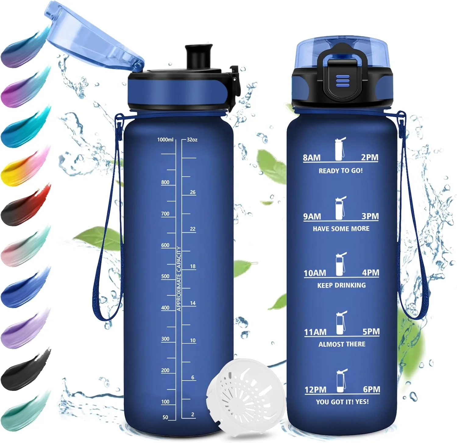 بطری آب ورزشی، 1 لیتری، بطری آب ضد نشت با فیلتر، بطری آب ورزشی با علامت گذاری زمان، مناسب برای نوشیدنی های گازدار، بطری ورزشی برای باشگاه، مدرسه، بزرگسالان، فضای باز، کمپینگ، یوگا