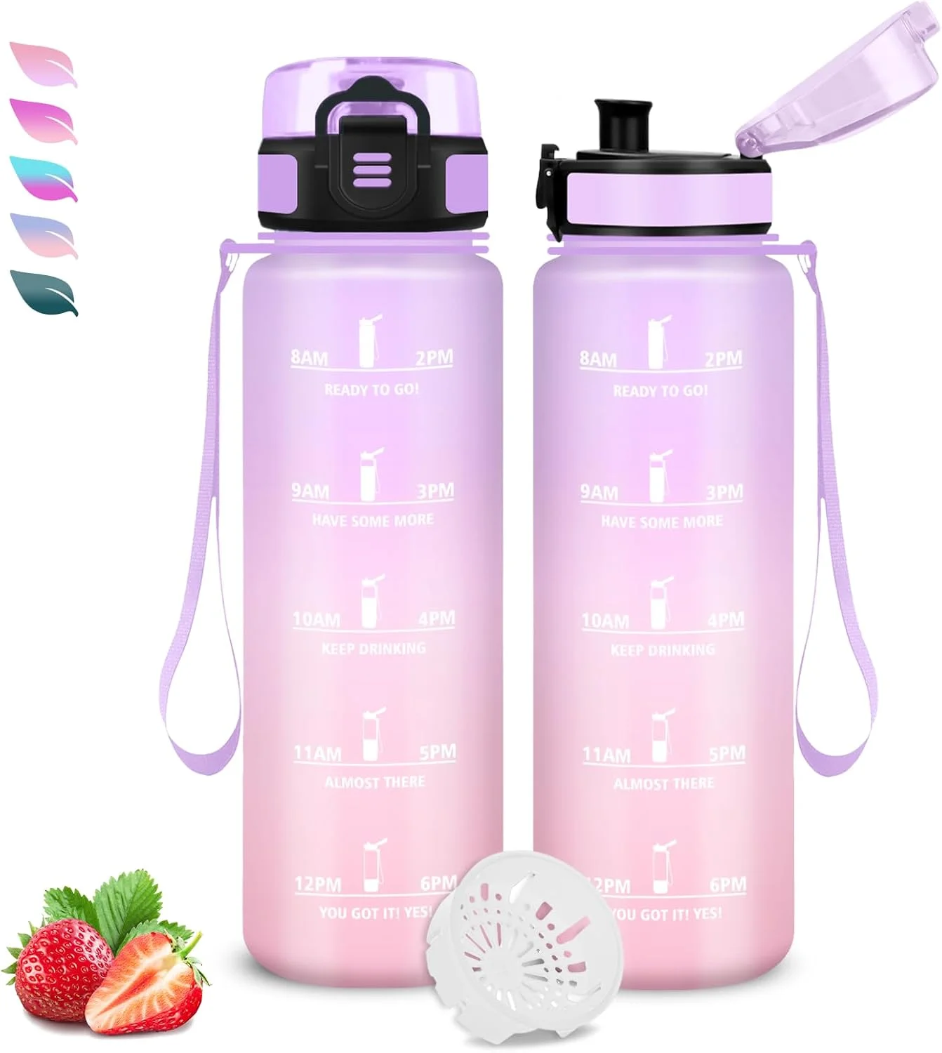 بطری آب 1 لیتری، ضد نشت، بطری آب با نشانگر زمان و فیلتر، تمیز کردن آسان، بطری آب ورزشی برای مدرسه، دفتر، فضای باز، کمپینگ، دویدن، تناسب اندام، باشگاه