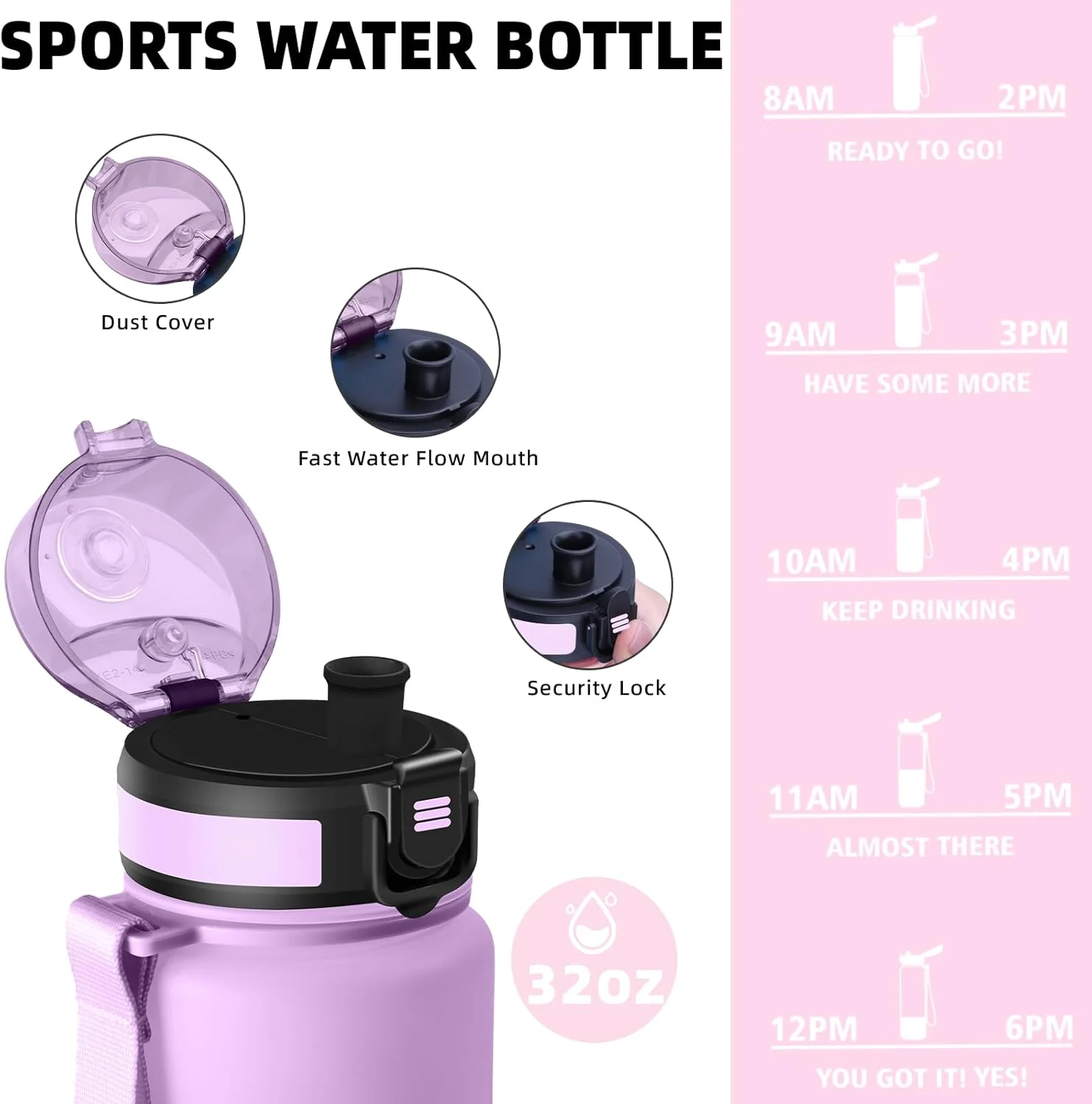 بطری آب 1 لیتری، ضد نشت، بطری آب با نشانگر زمان و فیلتر، تمیز کردن آسان، بطری آب ورزشی برای مدرسه، دفتر، فضای باز، کمپینگ، دویدن، تناسب اندام، باشگاه