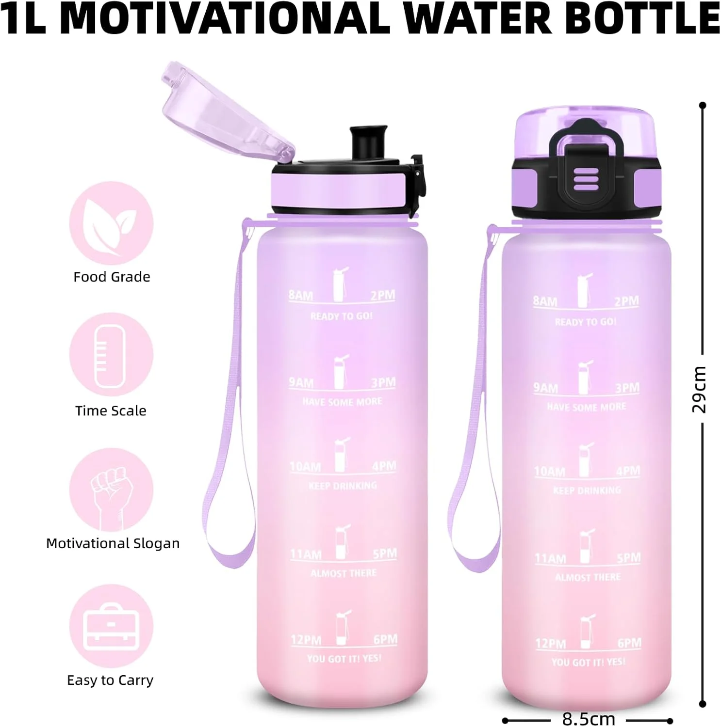 بطری آب 1 لیتری، ضد نشت، بطری آب با نشانگر زمان و فیلتر، تمیز کردن آسان، بطری آب ورزشی برای مدرسه، دفتر، فضای باز، کمپینگ، دویدن، تناسب اندام، باشگاه