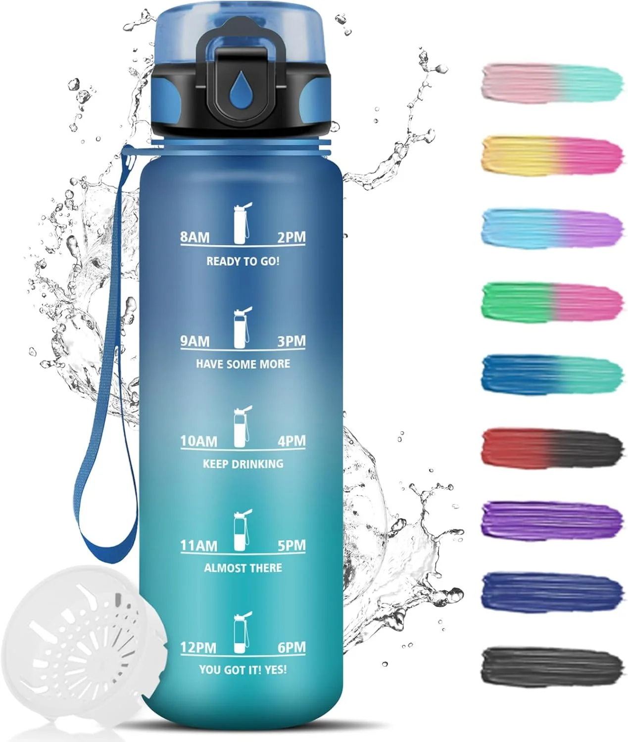 بطری آب ورزشی 1 لیتری با فیلتر، ضد نشت و با قابلیت شستشوی آسان، دارای نشانگر زمان، مناسب برای ورزش، مدرسه، کمپینگ و فعالیت های خارج از منزل، آبی-سبز