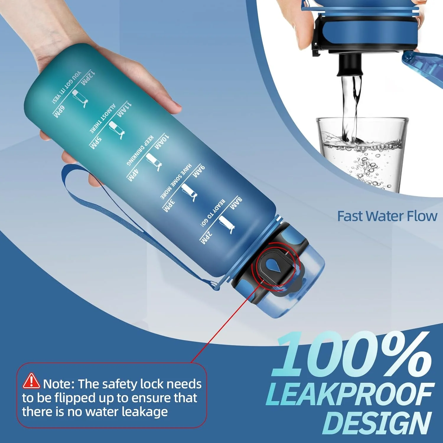بطری آب ورزشی 1 لیتری با فیلتر، ضد نشت و با قابلیت شستشوی آسان، دارای نشانگر زمان، مناسب برای ورزش، مدرسه، کمپینگ و فعالیت های خارج از منزل، آبی-سبز