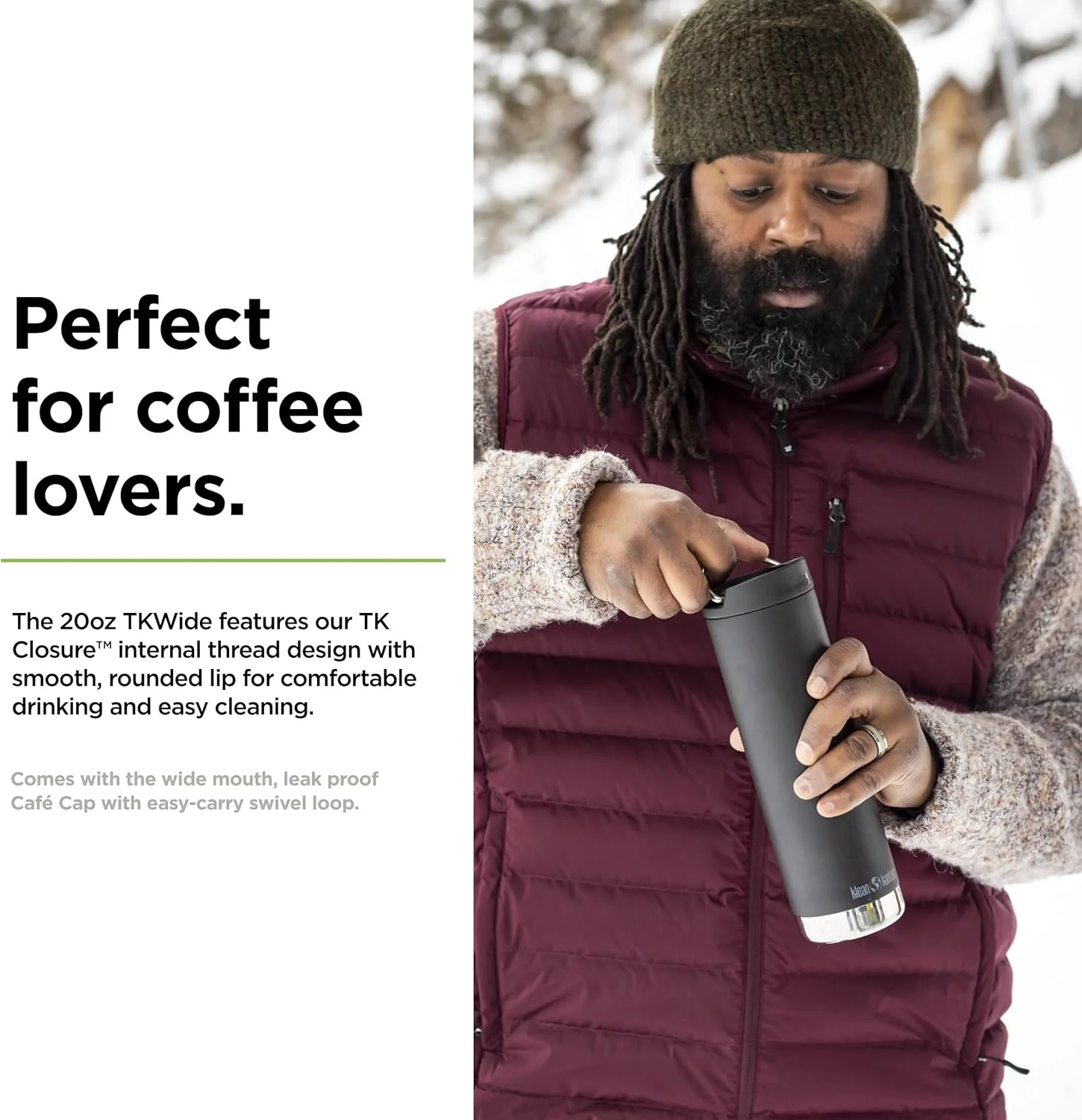 فلاسک عایق استیل ضد زنگ دهانه پهن کلین کینتین مدل TKWide با درب مشکی VI، ظرفیت 592 میلی لیتر