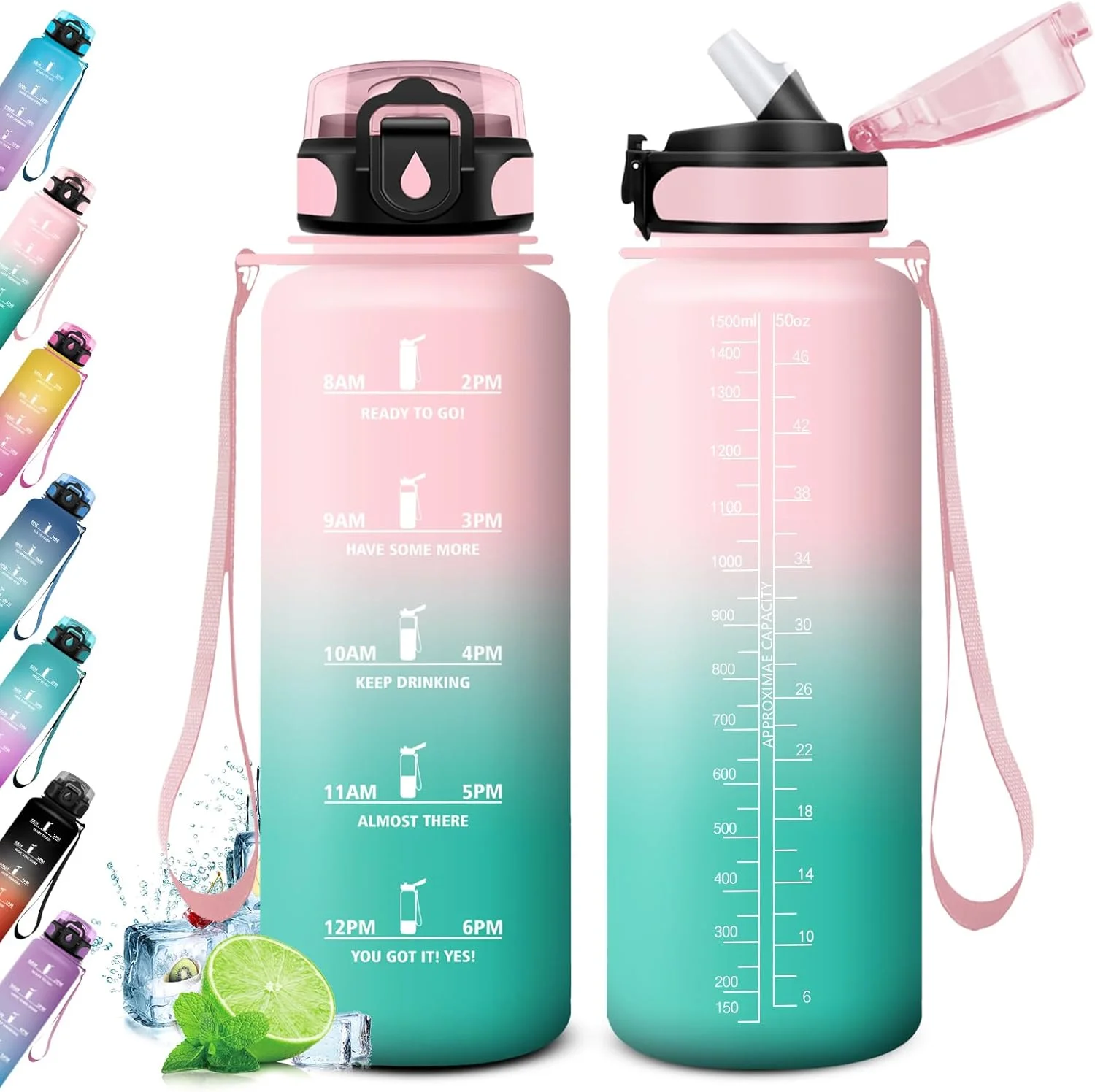 بطری ورزشی 1.5 لیتری KollyKolla، بطری آب نی دار، بطری آب ورزشی ضد نشت با علامت گذاری زمان، مناسب برای نوشیدنی های گازدار، بطری آب بزرگ برای تناسب اندام، یوگا، فضای باز، دوچرخه سواری