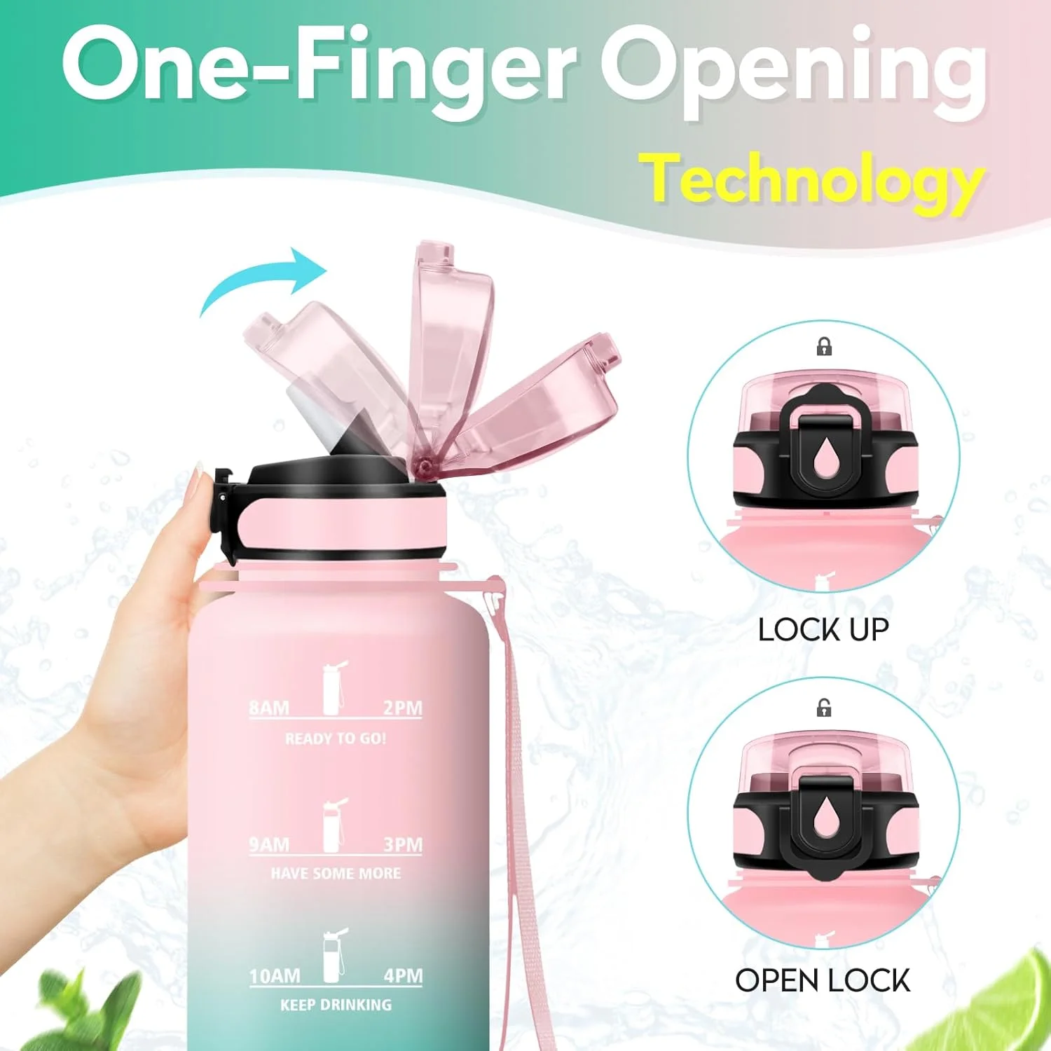 بطری ورزشی 1.5 لیتری KollyKolla، بطری آب نی دار، بطری آب ورزشی ضد نشت با علامت گذاری زمان، مناسب برای نوشیدنی های گازدار، بطری آب بزرگ برای تناسب اندام، یوگا، فضای باز، دوچرخه سواری