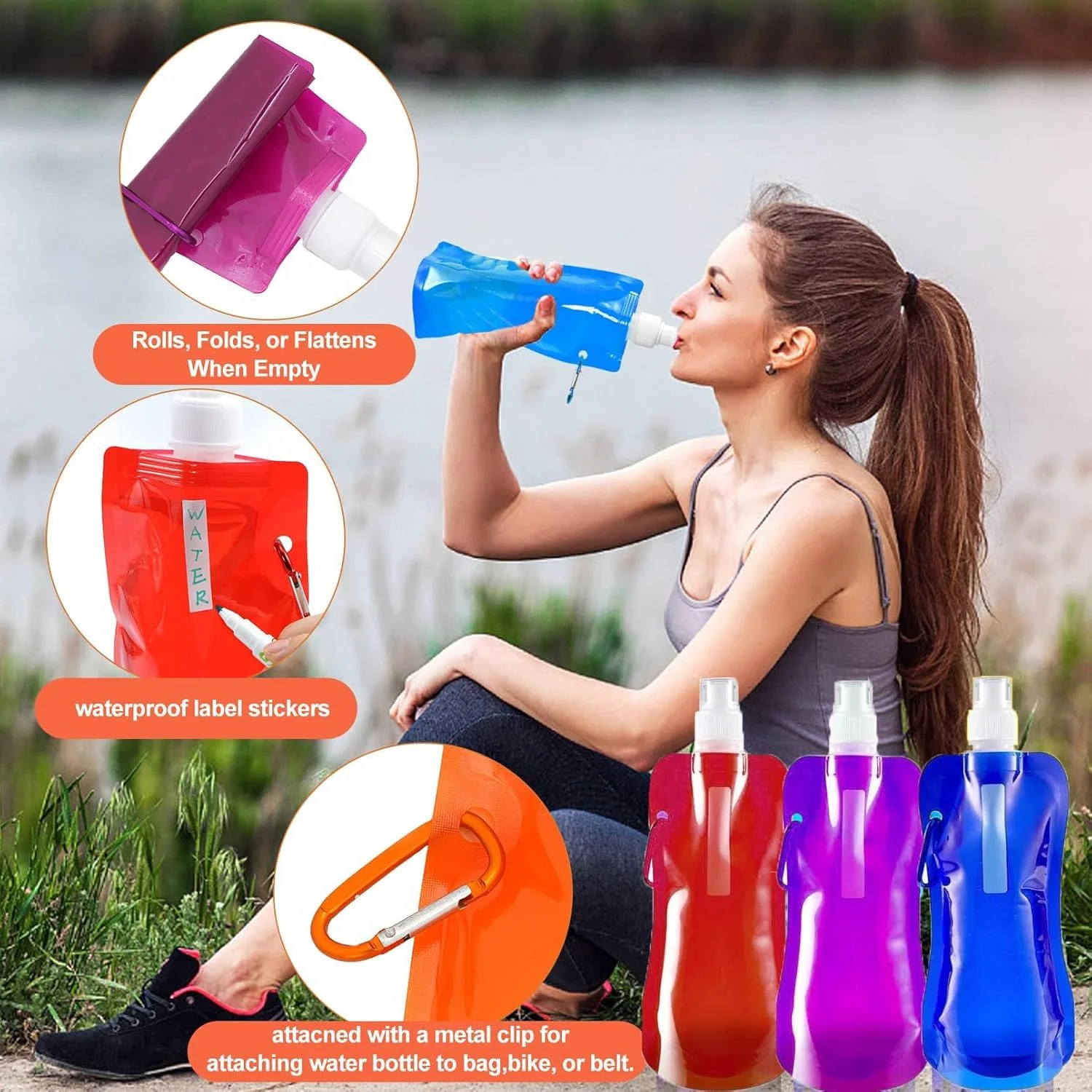 بطری ورزشی تاشو، 6 عدد قمقمه آب پلاستیکی تاشو، کیسه های آب تاشو، فلاسک نوشیدنی، کیسه های نوشیدنی قابل استفاده مجدد با گیره برای ورزش های فضای باز، دوچرخه سواری، پیاده روی، مسافرت بطری ورزشی تاشو، 6 عدد قمقمه آب پلاستیکی تاشو، کیسه های آب تاشو، فلاسک نوشیدنی، کیسه های نوشیدنی قابل استفاده مجدد با گیره برای ورزش های فضای باز، دوچرخه سواری، پیاده روی، مسافرت