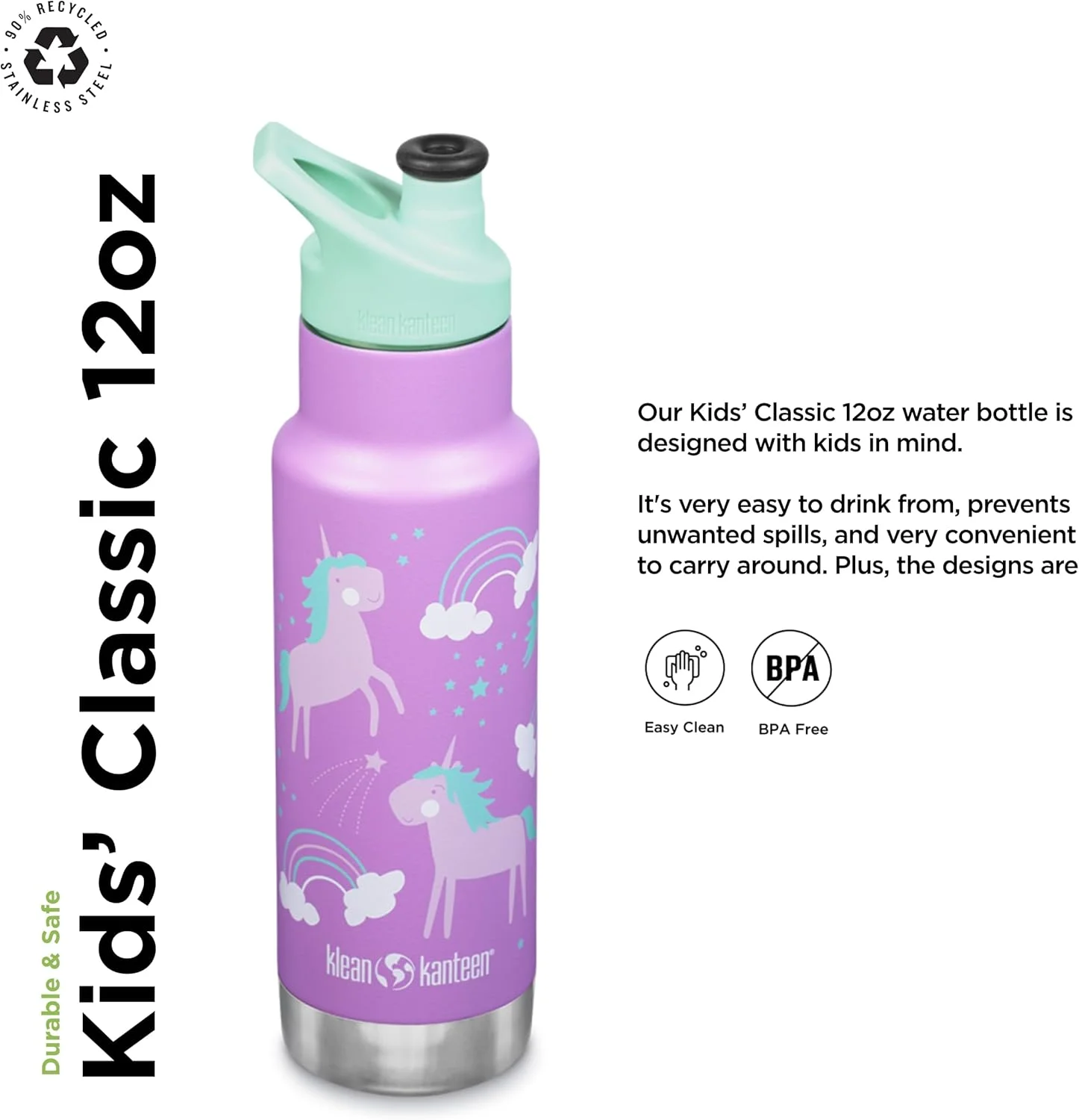 قمقمه باریک استیل 12 اونسی کودک کلین کانteen مدل کلاسیک (همراه با سرپوش ورزشی) طرح اسب تک شاخ قمقمه باریک استیل 12 اونسی کودک کلین کانteen مدل کلاسیک (همراه با سرپوش ورزشی) طرح اسب تک شاخ