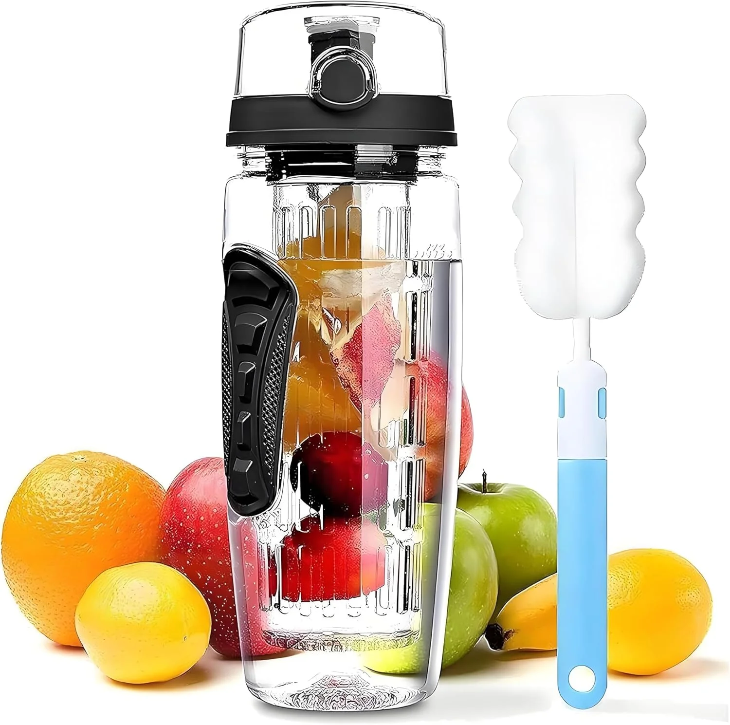 بطری آب 1 لیتری، بطری نوشیدنی 1 لیتری با محفظه میوه برای ورزش، مدرسه، دختران، پسران، بزرگسالان، ضد نشت، بطری تریتان بدون BPA با دسته حمل (مشکی)