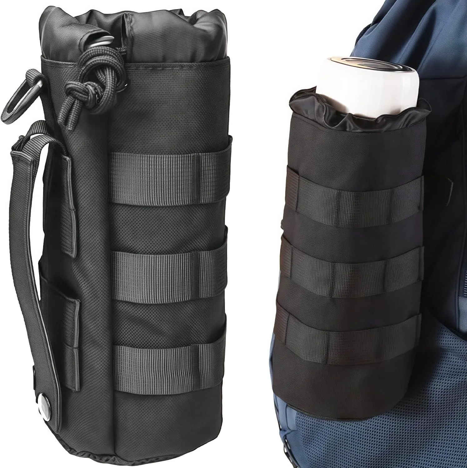 کیف قمقمه آب با سیستم اتصال مولی، 1 عدد کیف نگهدارنده قمقمه با بند کشی قابل تنظیم و دهانه باز برای جلیقه نظامی، کوله پشتی، دوچرخه سواری در فضای باز، پیاده روی، کمپینگ و دویدن (مشکی)