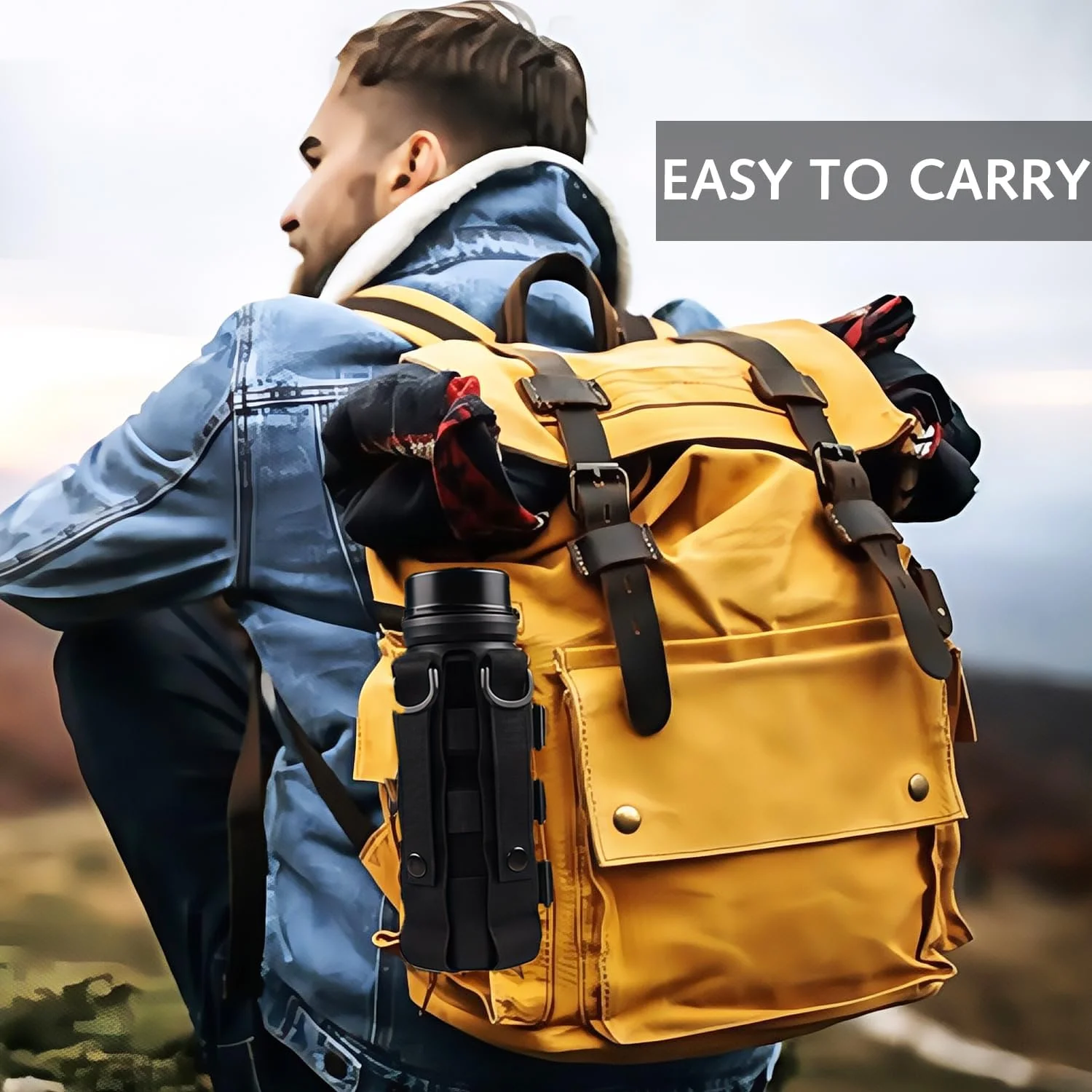 کیف قمقمه آب با سیستم اتصال مولی، 1 عدد کیف نگهدارنده قمقمه با بند کشی قابل تنظیم و دهانه باز برای جلیقه نظامی، کوله پشتی، دوچرخه سواری در فضای باز، پیاده روی، کمپینگ و دویدن (مشکی)