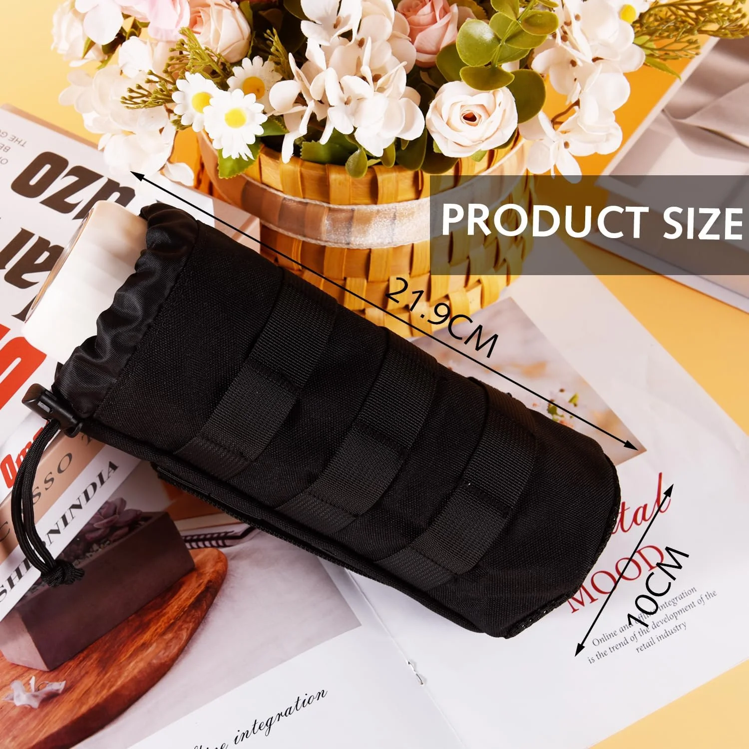 کیف قمقمه آب با سیستم اتصال مولی، 1 عدد کیف نگهدارنده قمقمه با بند کشی قابل تنظیم و دهانه باز برای جلیقه نظامی، کوله پشتی، دوچرخه سواری در فضای باز، پیاده روی، کمپینگ و دویدن (مشکی)