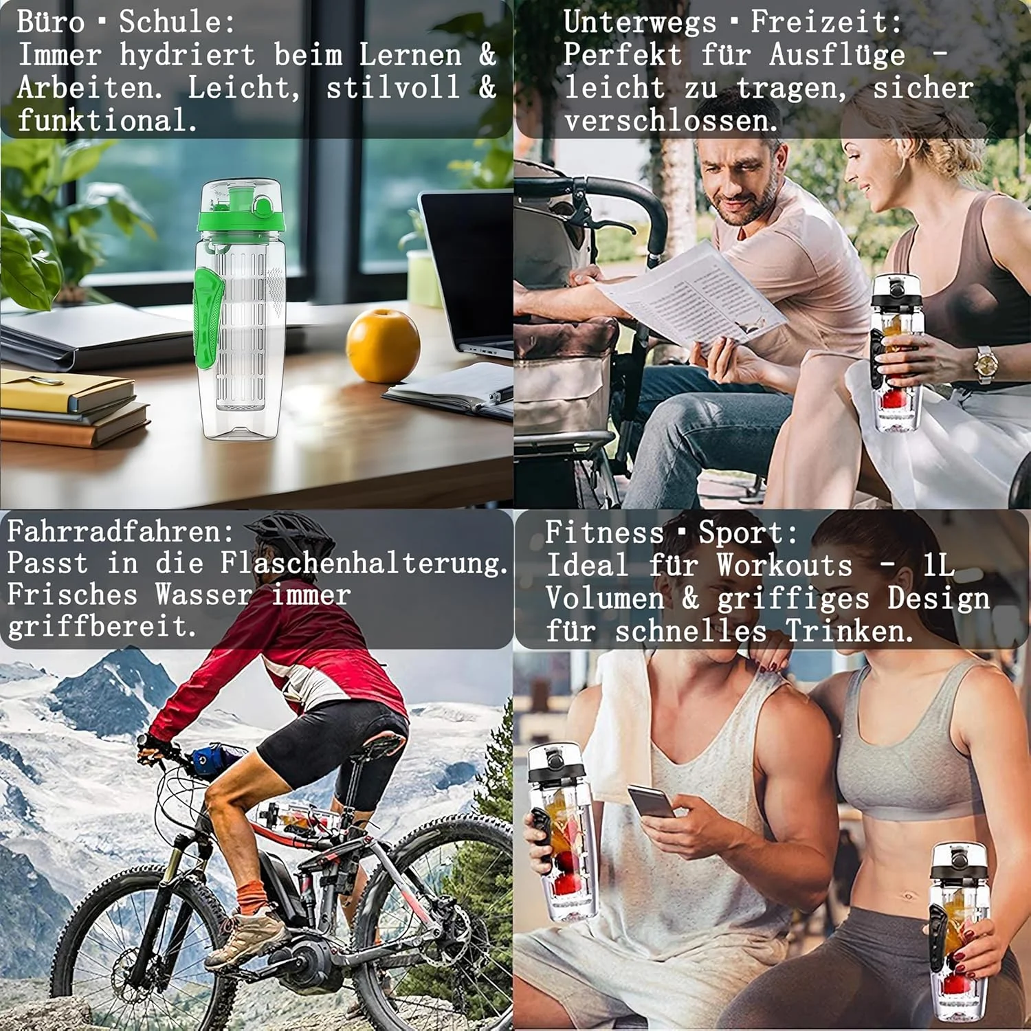 بطری آب 1 لیتری، بطری نوشیدنی 1 لیتری با محفظه میوه برای ورزش، مدرسه، دختران، پسران، بزرگسالان، ضد نشت، بطری تریتان بدون BPA با دسته حمل (مشکی)