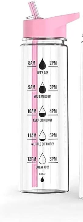 بطری آب روزانه HYDRATE با نی - 900 میلی لیتر - بطری آب صورتی بدون BPA و ضد نشت با نشانگرهای زمان، درب تاشو، جنس قوی، مقاوم در برابر افتادن، برای باشگاه، مدرسه، دفتر، ورزش، استفاده در فضای باز