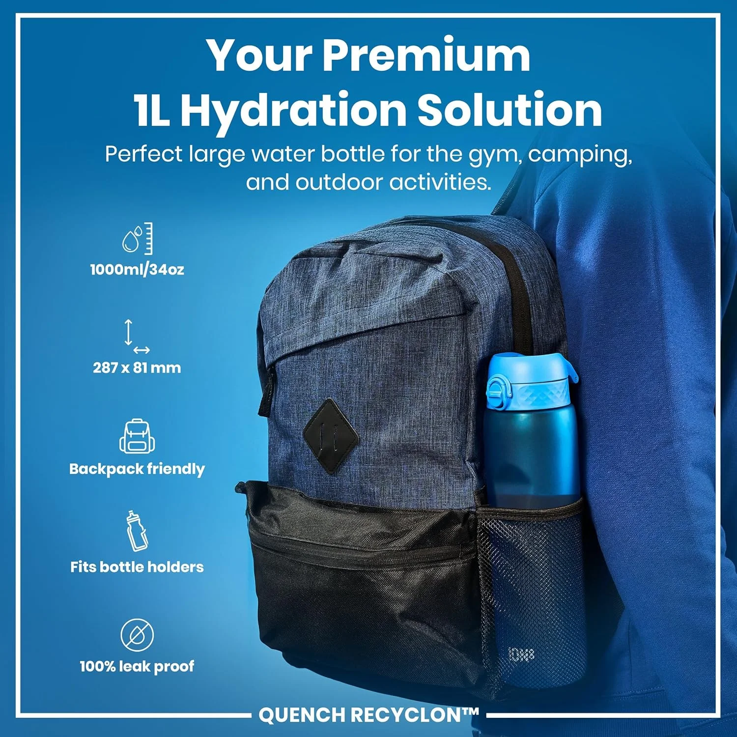 بطری آب 1 لیتری ION8، ضد نشت، درب فشاری، دسته حمل، آبرسانی سریع، قابل شستشو در ماشین ظرفشویی، بدون BPA، دستگیره کانتوری، ایده آل برای مسافرت، باشگاه و فعالیت، Recyclon کربن خنثی، 32 اونس، آبی