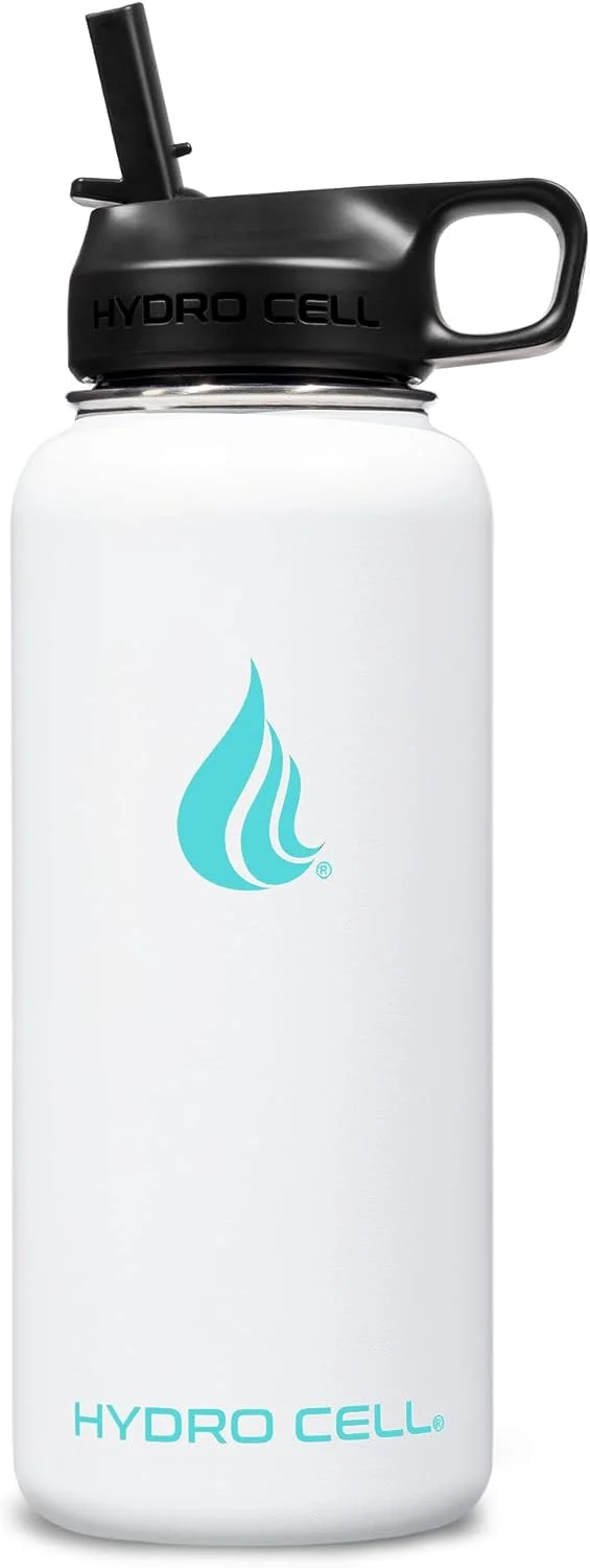بطری آب استیل ضد زنگ HYDRO CELL با نی و درب های دهانه گشاد (946 میلی لیتر) - مایعات را به طور کامل گرم یا سرد نگه می دارد، دارای طراحی ورزشی ضد عرق با عایق خلاء دو جداره (سفید 946 میلی لیتر)