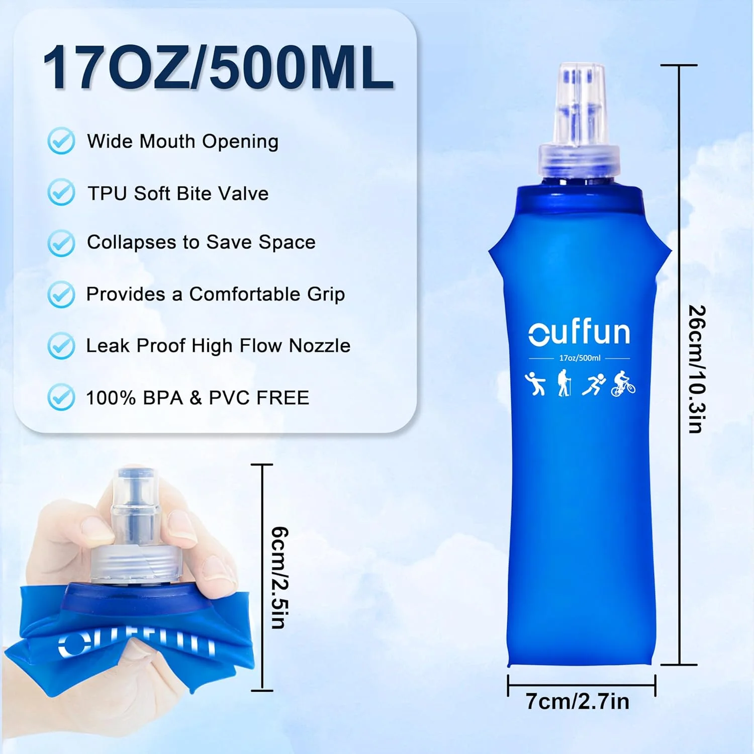 بسته 2 عددی بطری آب نرم، 500 میلی لیتری، قمقمه نرم برای دویدن، مناسب برای کوله پشتی هیدراتاسیون، بطری آب تاشو TPU، قمقمه دستی قابل استفاده مجدد برای دویدن، پیاده روی، دوچرخه سواری، کوهنوردی و مسافرت