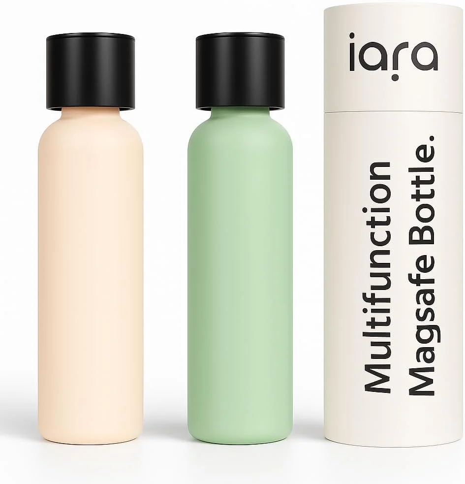 بطری آب مغناطیسی IARA سازگار با MagSafe چند منظوره 750 میلی لیتر | استیل ضد زنگ عایق شده بدون BPA | شامل آداپتور | نگهدارنده تلفن بطری ورزشی | (بژ)