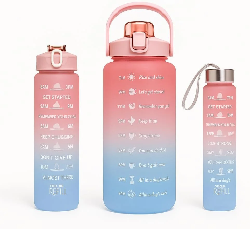 بطری آب تریتان 3 در 1 - هیدراتاسیون روزانه شما آسان شد! دارای نشانگرهای زمانی برای پیگیری مصرف و طراحی ضد نشت، مناسب برای کار، مدرسه یا ورزش. (صورتی و آبی)