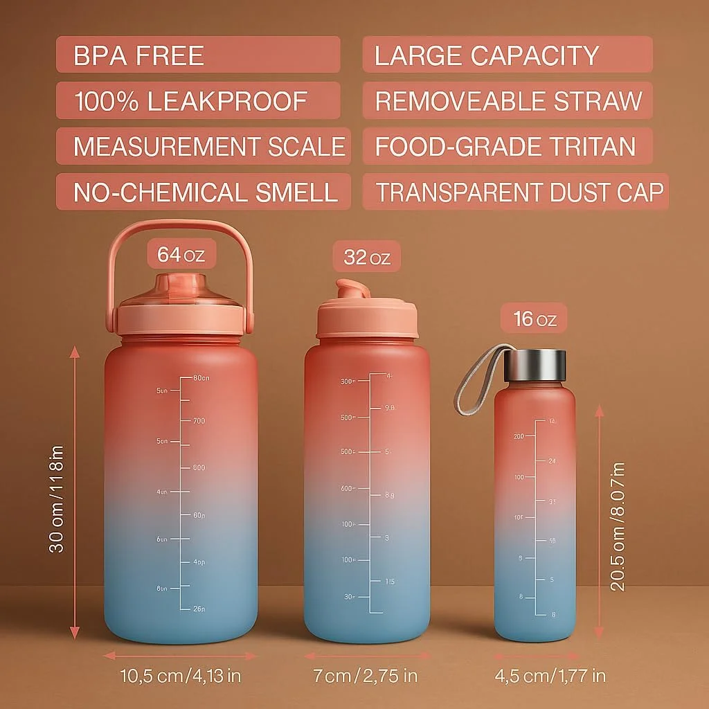 بطری آب تریتان 3 در 1 - هیدراتاسیون روزانه شما آسان شد! دارای نشانگرهای زمانی برای پیگیری مصرف و طراحی ضد نشت، مناسب برای کار، مدرسه یا ورزش. (صورتی و آبی)