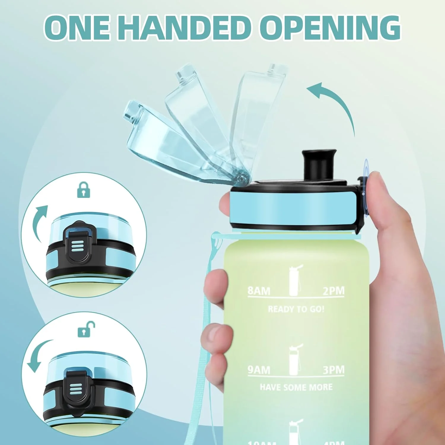 بطری آب هانی هالی، 1 لیتر، دارای نشانگر زمان، ضد نشت، بطری آب ورزشی، قابل استفاده مجدد، بطری آب برای باشگاه، دوچرخه سواری، دفتر، فضای باز