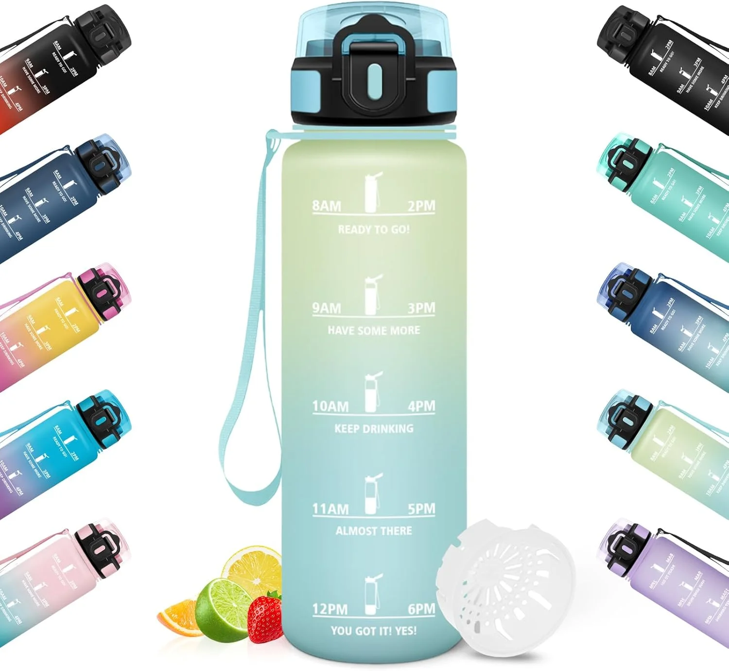 بطری آب هانی‌هالی، ۱ لیتر، دارای نشانگر زمان، ضد نشت، بطری آب ورزشی، قابل استفاده مجدد، مناسب باشگاه، دوچرخه‌سواری، دفتر کار، فضای باز