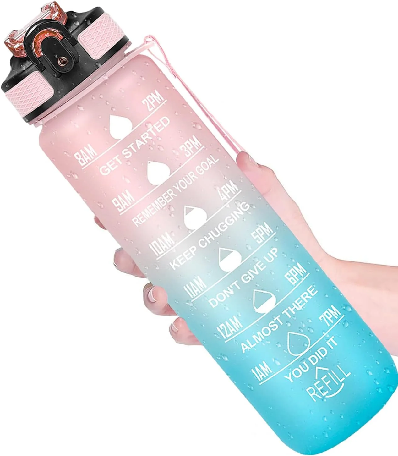 بطری آب ورزشی 1 لیتری با نی، طراحی ضد نشت، بطری آب انگیزشی با نشانگر زمان، بطری نوشیدنی ورزشی برای تناسب اندام، مدرسه، باشگاه، ورزش های فضای باز (صورتی-آبی)
