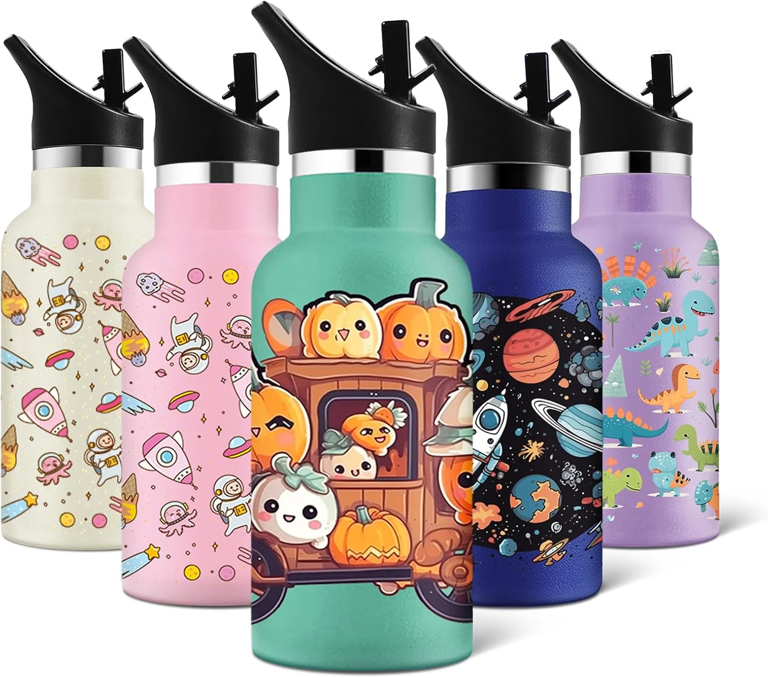 بطری آب استیل HoneyHolly، 350 میلی لیتر، بطری نوشیدنی بدون BPA، ضد نشت کودکان، بطری آب عایق خلاء، با نی، بطری آب ورزشی برای دوچرخه سواری، ورزش، یوگا، کمپینگ