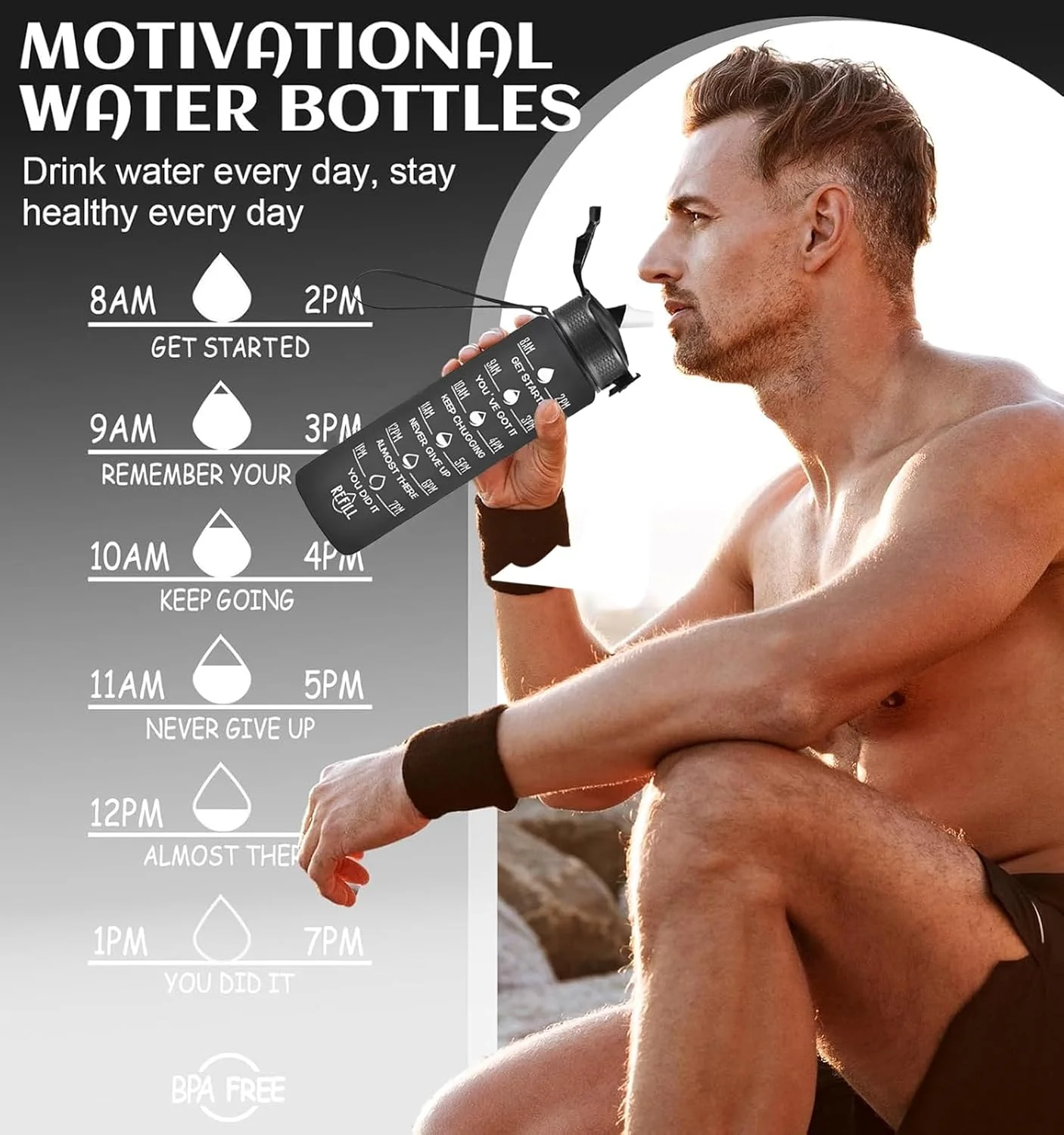 بطری آب ورزشی 1 لیتری با نی، طراحی ضد نشت، بطری آب انگیزشی با نشانگر زمان، بطری نوشیدنی ورزشی برای تناسب اندام، مدرسه، باشگاه، ورزش های فضای باز (صورتی-آبی)