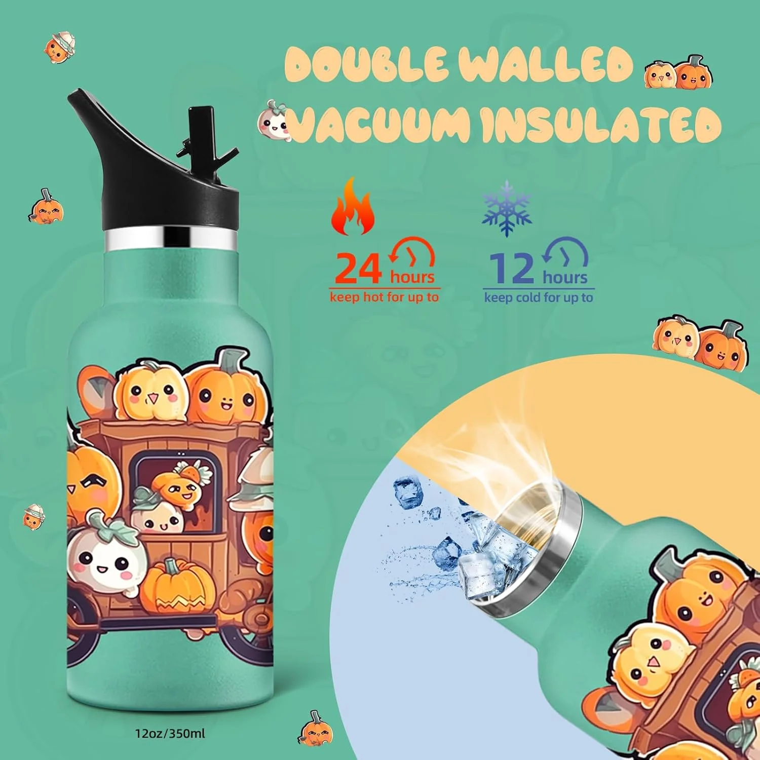 بطری آب استیل HoneyHolly، 350 میلی لیتر، بطری نوشیدنی بدون BPA، ضد نشت کودکان، بطری آب عایق خلاء، با نی، بطری آب ورزشی برای دوچرخه سواری، ورزش، یوگا، کمپینگ