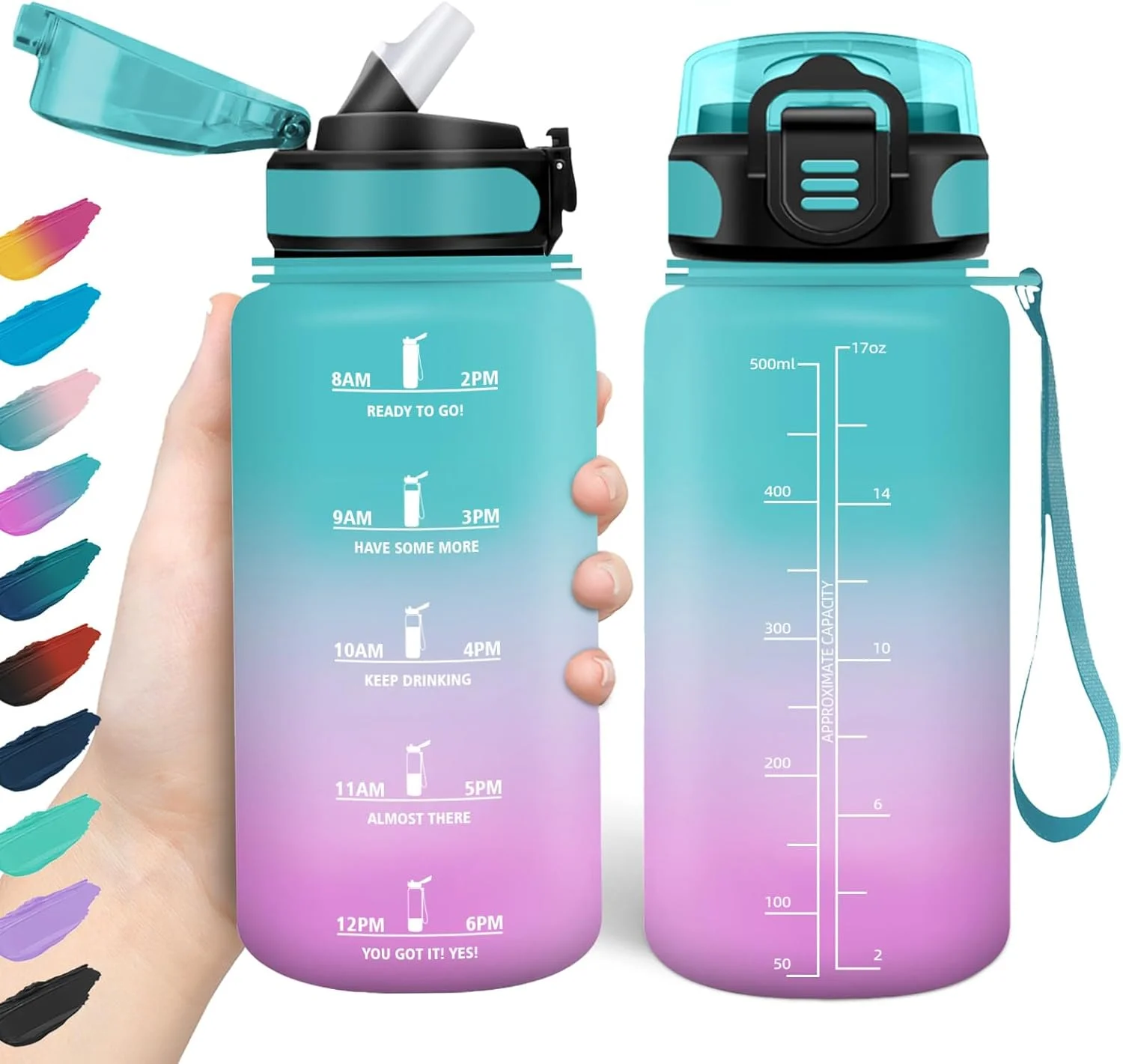 بطری آب هانی هالی 500 میلی لیتر، ضد نشت، بدون BPA، انگیزشی با علامت گذاری زمان، بطری آب با نی، بطری آب ورزشی برای کودکان، دوچرخه، تناسب اندام، مدرسه، دفتر