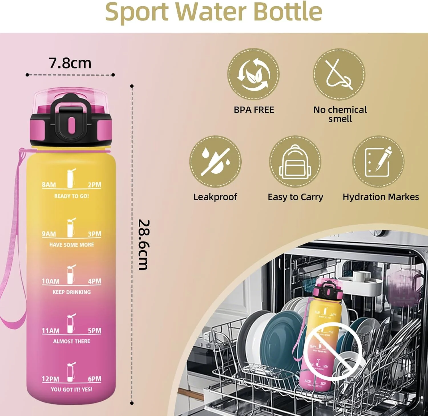 بطری آب هانی‌هالی، ۱ لیتر، دارای نشانگر زمان، ضد نشت، بطری آب ورزشی، قابل استفاده مجدد، مناسب برای باشگاه، دوچرخه‌سواری، دفتر کار، فضای باز