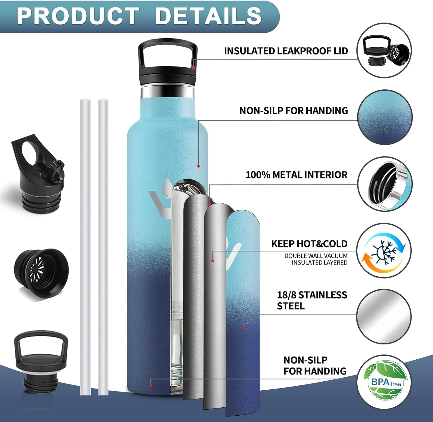 بطری عایق HoneyHolly، ۱ لیتر، بدون BPA، بطری عایق، دوجداره، استیل ضد زنگ ۱۸/۸، بطری استیل، همراه با نی، فلاسک برای ورزش، پیاده روی، مدرسه، دفتر