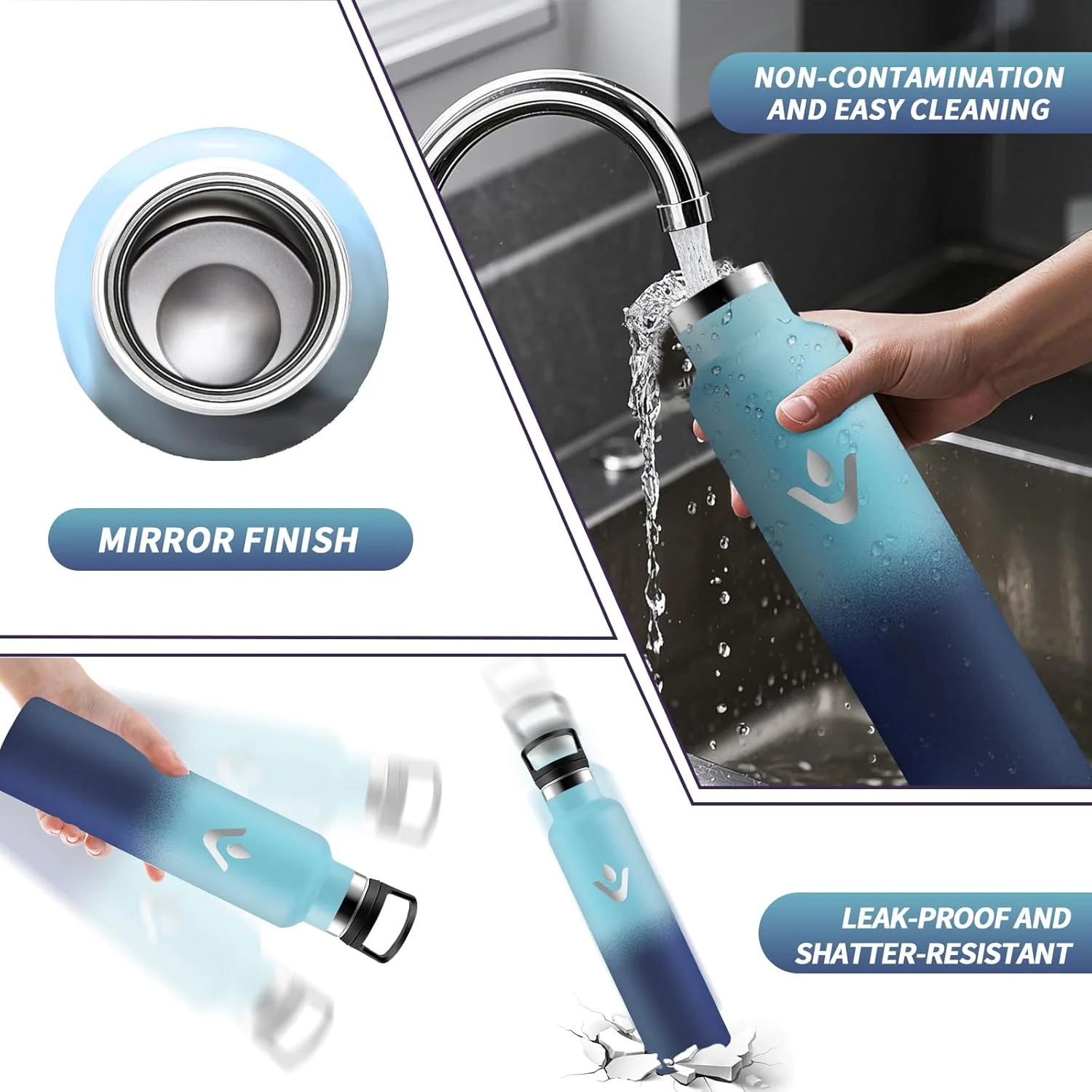 بطری عایق HoneyHolly، ۱ لیتر، بدون BPA، بطری عایق، دوجداره، استیل ضد زنگ ۱۸/۸، بطری استیل، همراه با نی، فلاسک برای ورزش، پیاده روی، مدرسه، دفتر