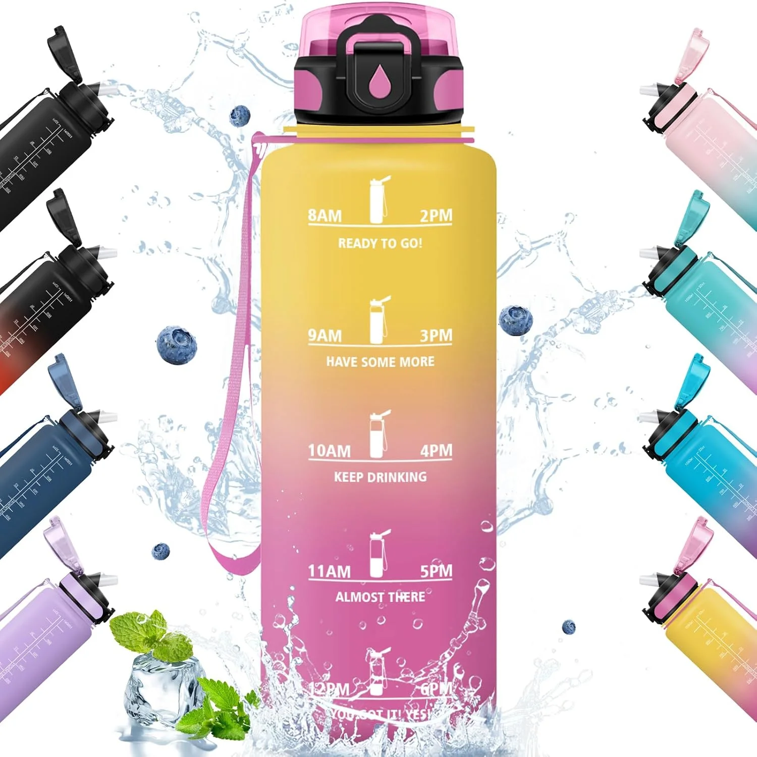 بطری آب ورزشی هانی‌هالی 1.5 لیتری با نی، ضد نشت، بطری آب با نشانگر زمان، بطری نوشیدنی گازدار، مناسب برای فضای باز، دوچرخه‌سواری، تناسب اندام، یوگا