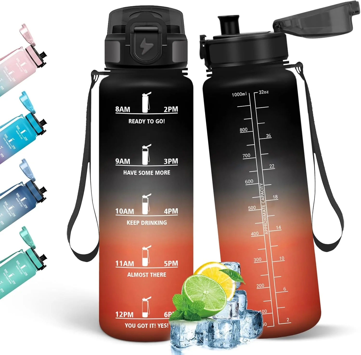 بطری نوشیدنی هانی‌هالی 1 لیتری، ضد نشت با نشانگر زمان، بطری آب، بطری ورزشی با فیلتر، مناسب برای نوشیدنی‌های گازدار، بطری آب ورزشی برای فضای باز، دوچرخه، تناسب اندام