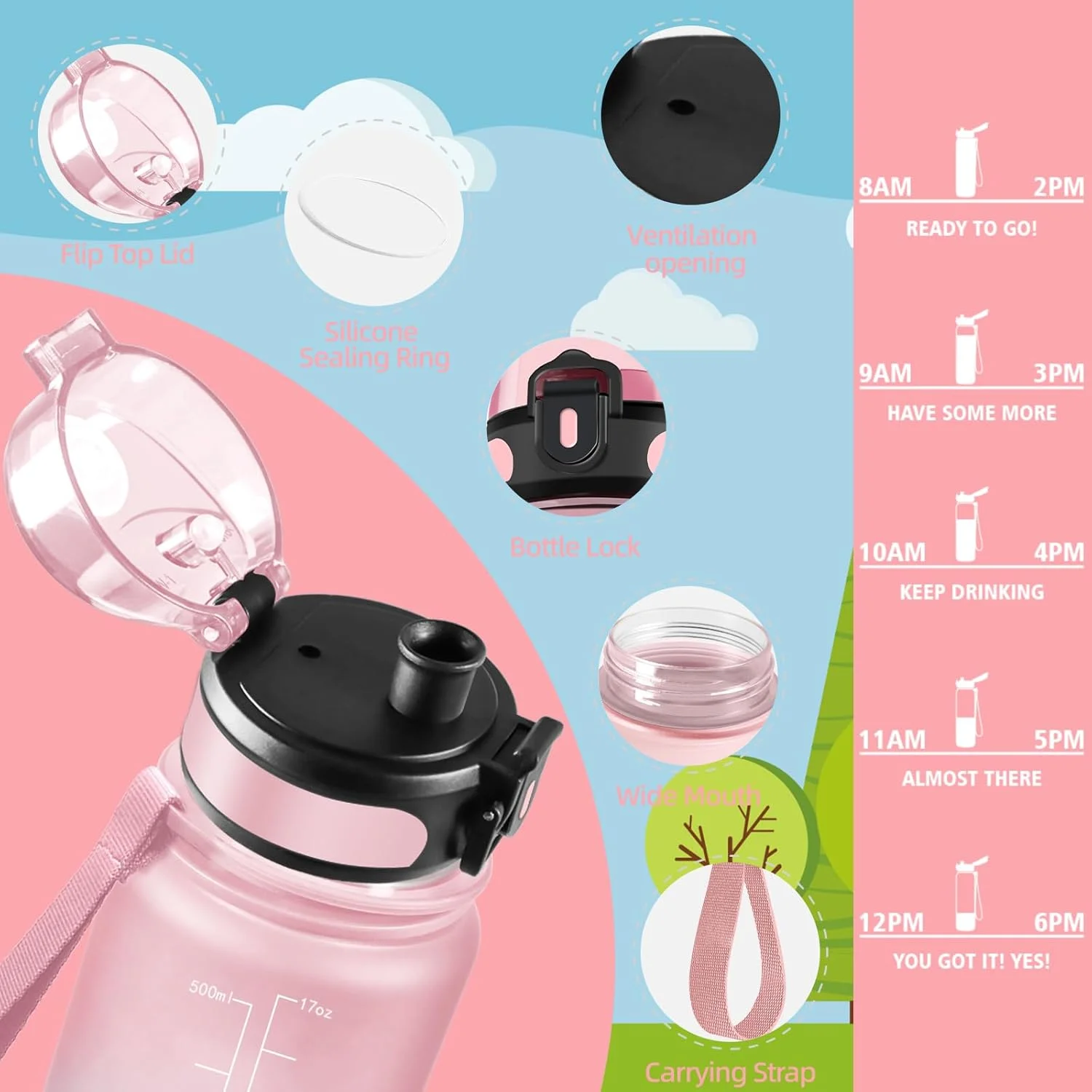 بطری آب هانی‌هالی 500 میلی‌لیتری، ضد نشت با نشانگر زمان، بطری آب ورزشی، بطری نوشیدنی با فیلتر، مناسب برای نوشیدنی‌های گازدار، بطری آب برای کودکان، مدرسه، دویدن