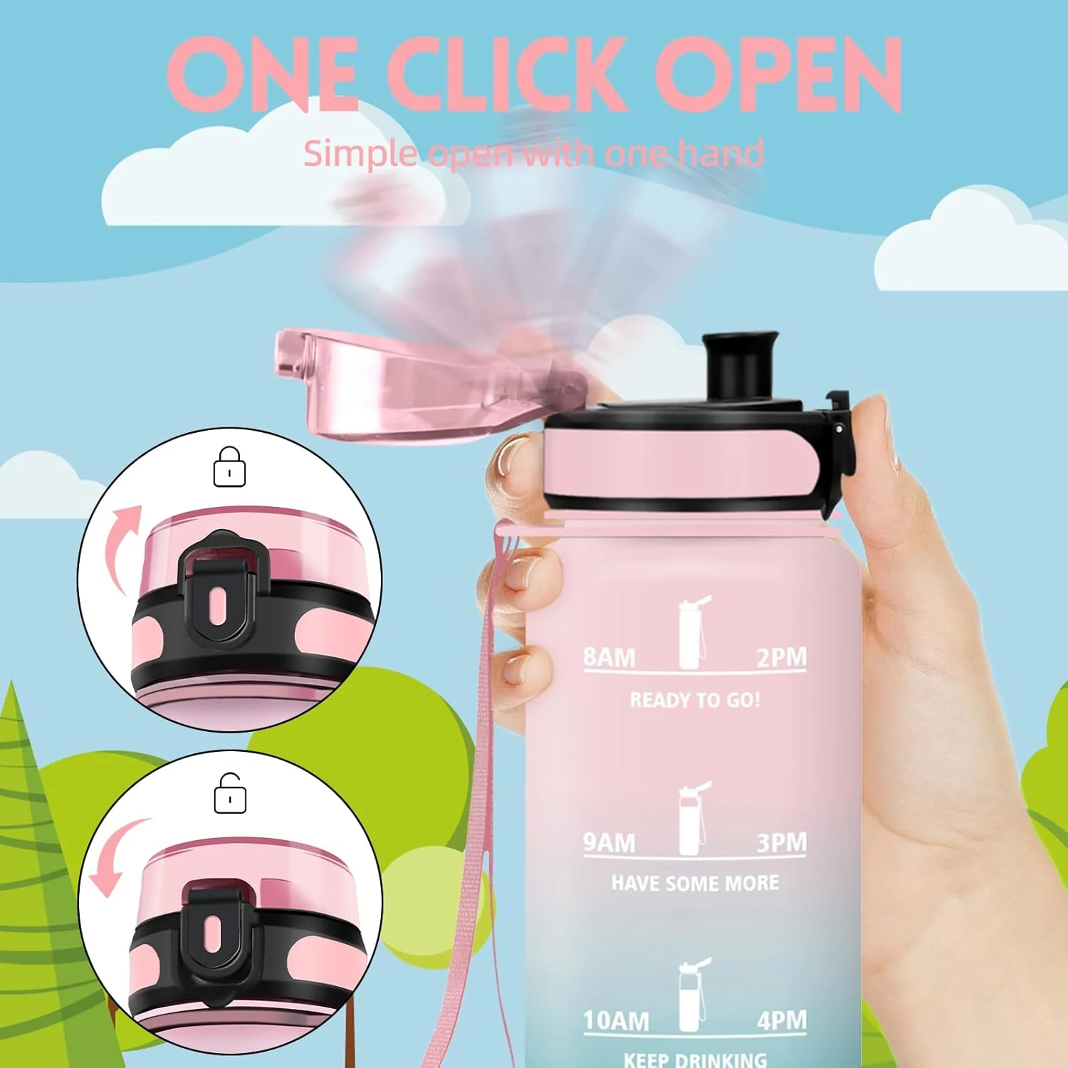 بطری آب هانی‌هالی 500 میلی‌لیتری، ضد نشت با نشانگر زمان، بطری آب ورزشی، بطری نوشیدنی با فیلتر، مناسب برای نوشیدنی‌های گازدار، بطری آب برای کودکان، مدرسه، دویدن