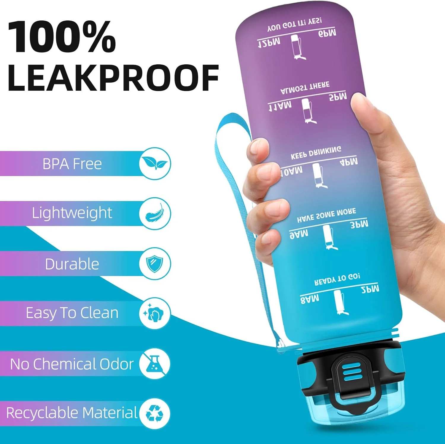 بطری آب هانی‌هالی 1 لیتری، ضد نشت، بطری نوشیدنی برای نوشیدنی‌های گازدار، بطری آب بدون BPA، بطری آب با نی، بطری آب ورزشی برای مدرسه، دوچرخه، تناسب اندام