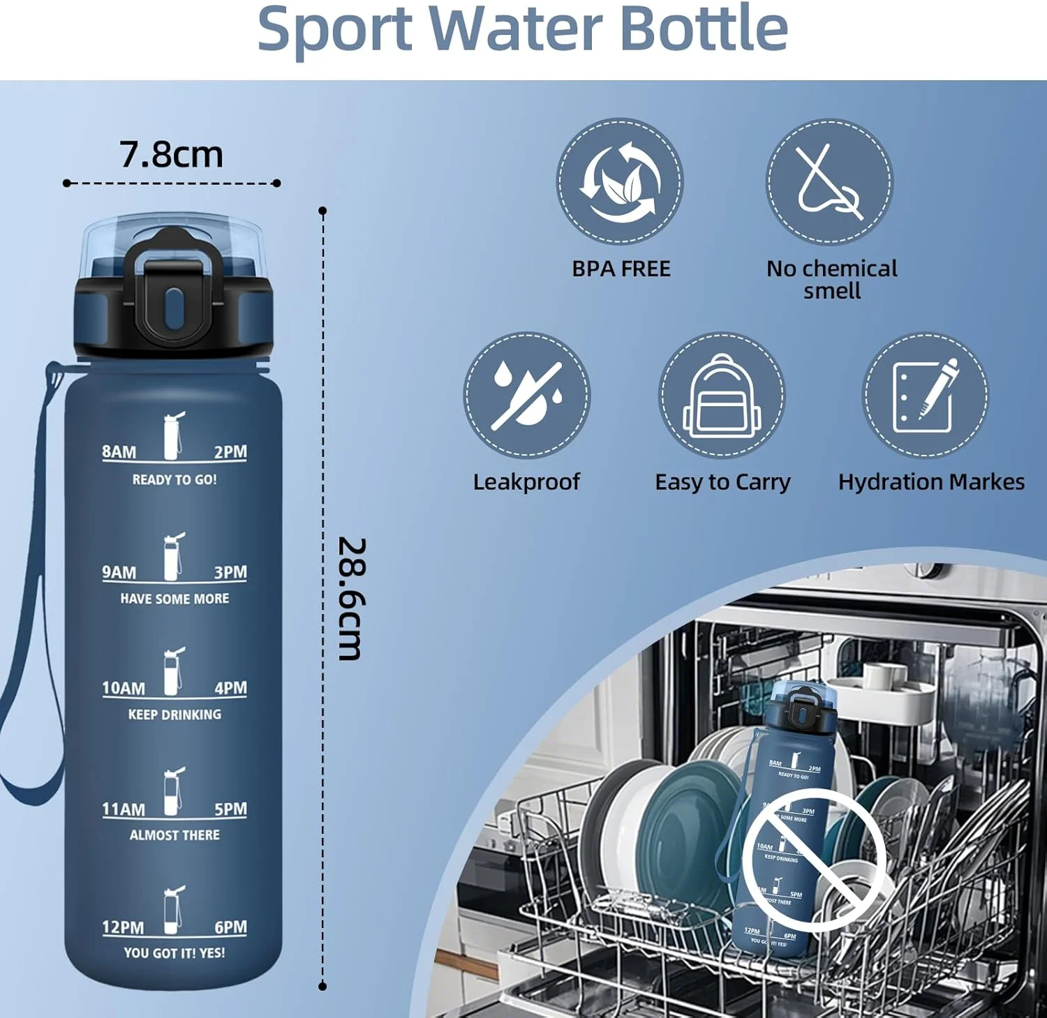 بطری آب هانی‌هالی، 1 لیتر، دارای نشانگر زمان، ضد نشت، بطری آب ورزشی، قابل استفاده مجدد، بطری آب برای باشگاه، دوچرخه‌سواری، دفتر، فضای باز