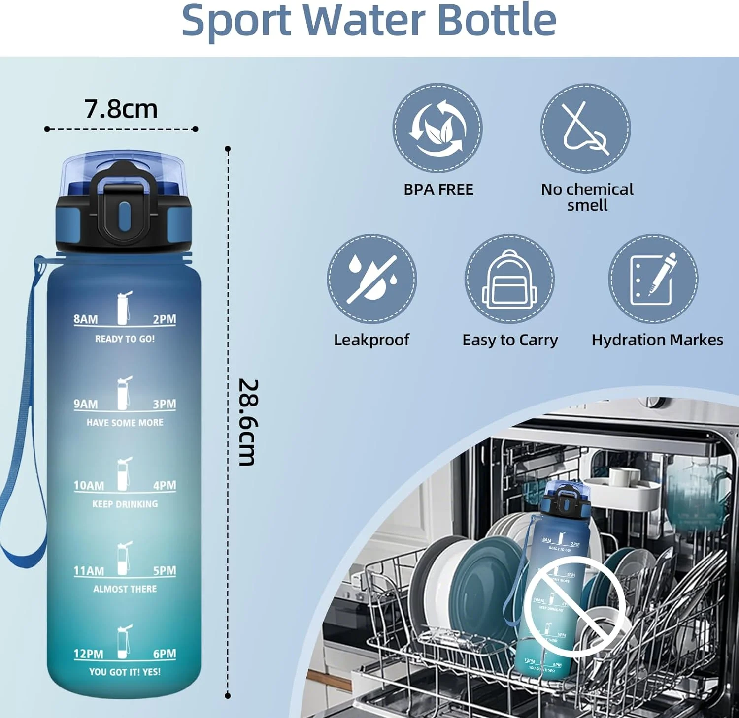 بطری آب هانی‌هالی، 1 لیتر، دارای نشانگر زمان، ضد نشت، بطری آب ورزشی، قابل استفاده مجدد، بطری آب برای باشگاه، دوچرخه‌سواری، دفتر، فضای باز