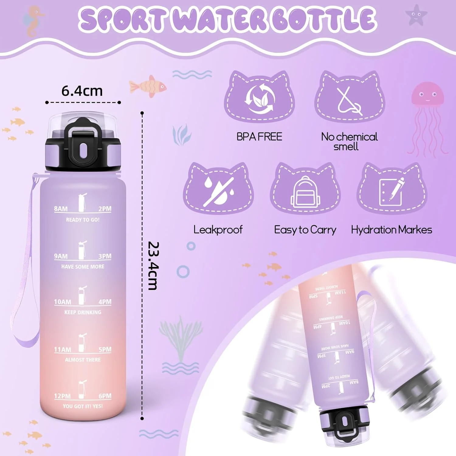 بطری آب کودکانه هانی‌هالی، 500 میلی‌لیتر، قابل استفاده مجدد با مقیاس زمانی، بطری ورزشی ضد نشت، بطری آب برای دویدن، دوچرخه‌سواری، کار، مدرسه، باشگاه