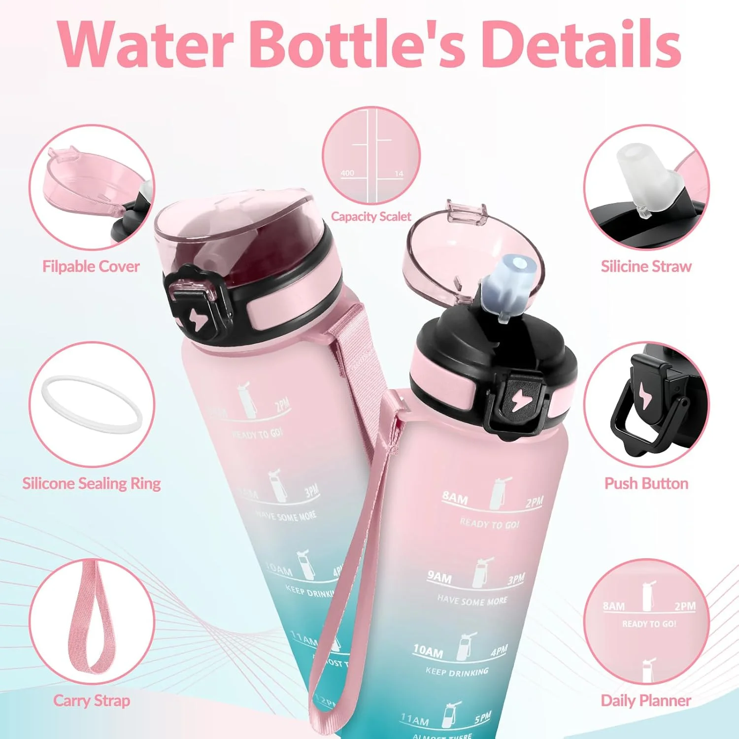 بطری نوشیدنی هانی هالی 1 لیتری، بدون BPA، مناسب برای نوشیدنی های گازدار، ضد نشت، بطری ورزشی با نی، بطری آب ورزشی برای دوچرخه سواری، تناسب اندام، دویدن، پیاده روی