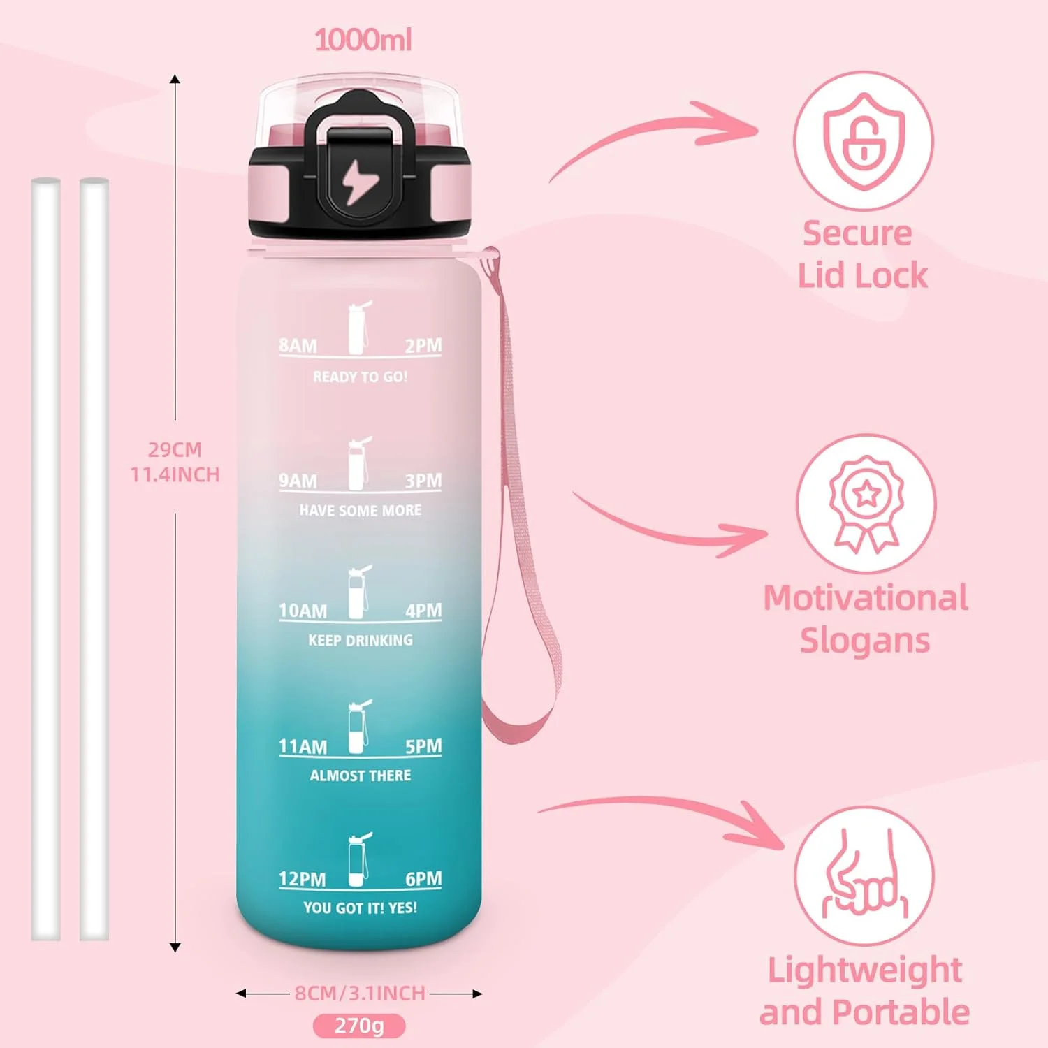 بطری نوشیدنی هانی هالی 1 لیتری، بدون BPA، مناسب برای نوشیدنی های گازدار، ضد نشت، بطری ورزشی با نی، بطری آب ورزشی برای دوچرخه سواری، تناسب اندام، دویدن، پیاده روی