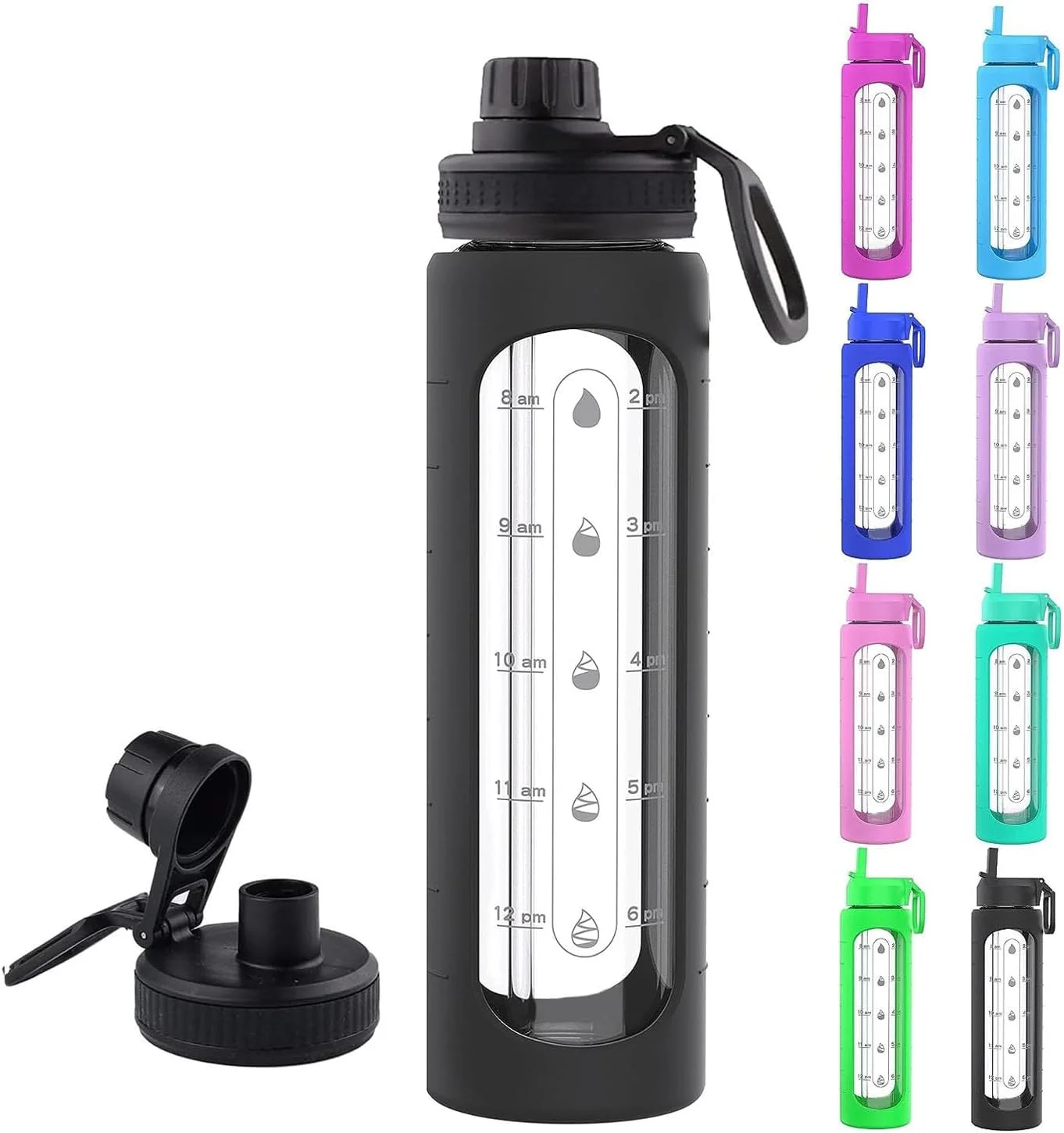 بطری آب شیشه ای HENAE با درب نی دار، نشانگر زمان و روکش - انگیزشی، دهانه گشاد، بطری بزرگ 1 لیتری (مشکی)