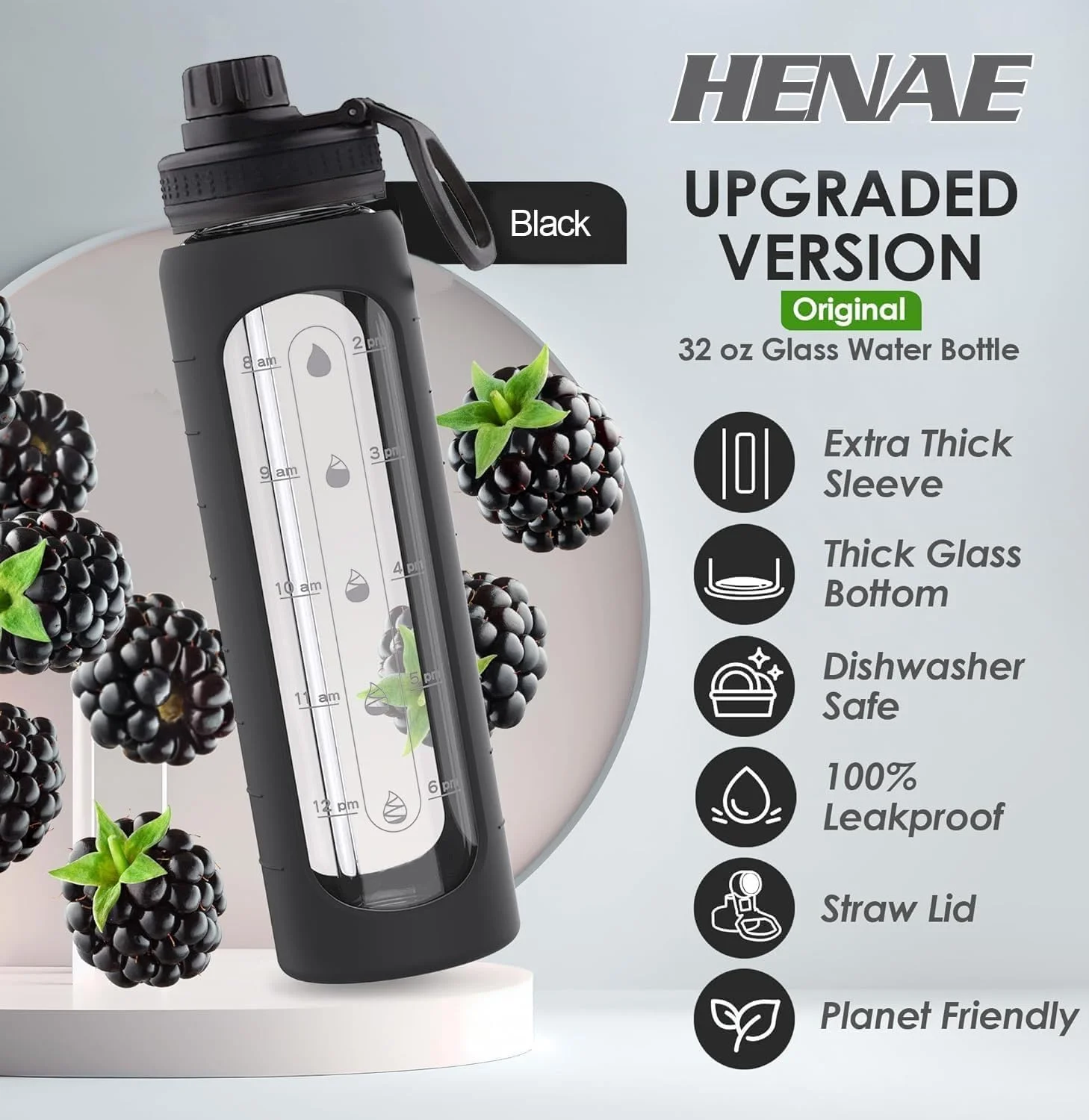 بطری آب شیشه ای HENAE با درب نی دار، نشانگر زمان و روکش - انگیزشی، دهانه گشاد، بطری بزرگ 1 لیتری (مشکی)