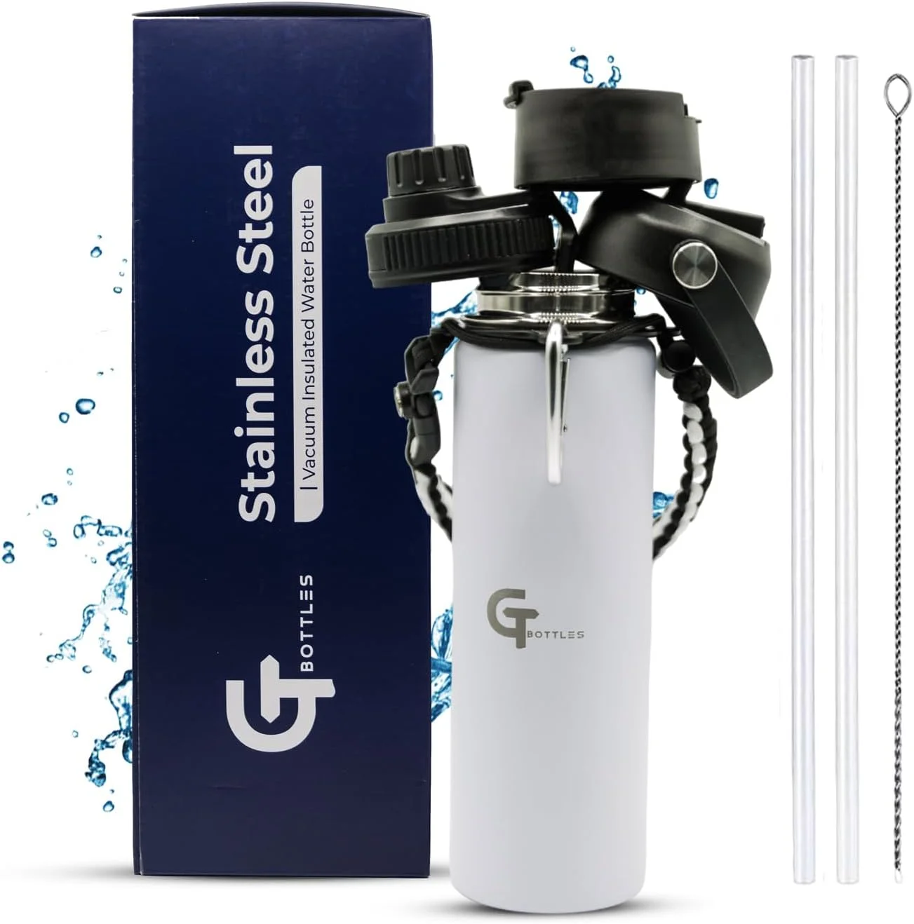 بطری آب دهان گشاد عایق خلاء استیل ضد زنگ با 3 درب - درب نی دار، درب جرعه نوش، درب خروجی، دسته طناب چتر نجات، 2 نی، برس تمیز کننده نی برای نوشیدنی های گرم و سرد (سفید، 650 میلی لیتر)