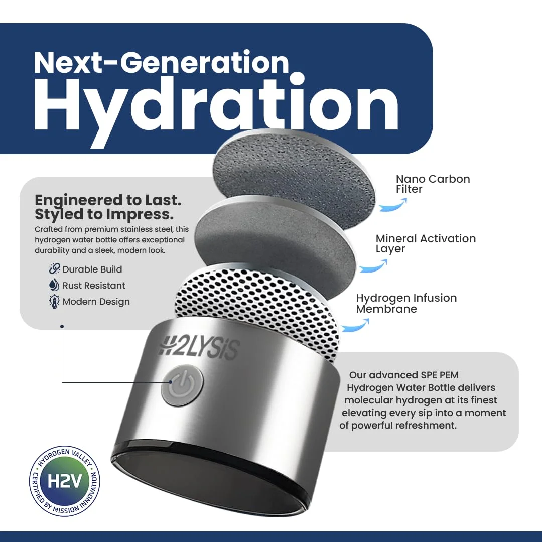 بطری آب هیدروژنه، 2200ppb، سازنده پیشرفته آب غنی از هیدروژن با فناوری SPE/PEM، قابل حمل، قابل شارژ، مناسب برای تناسب اندام، ورزش و مسافرت