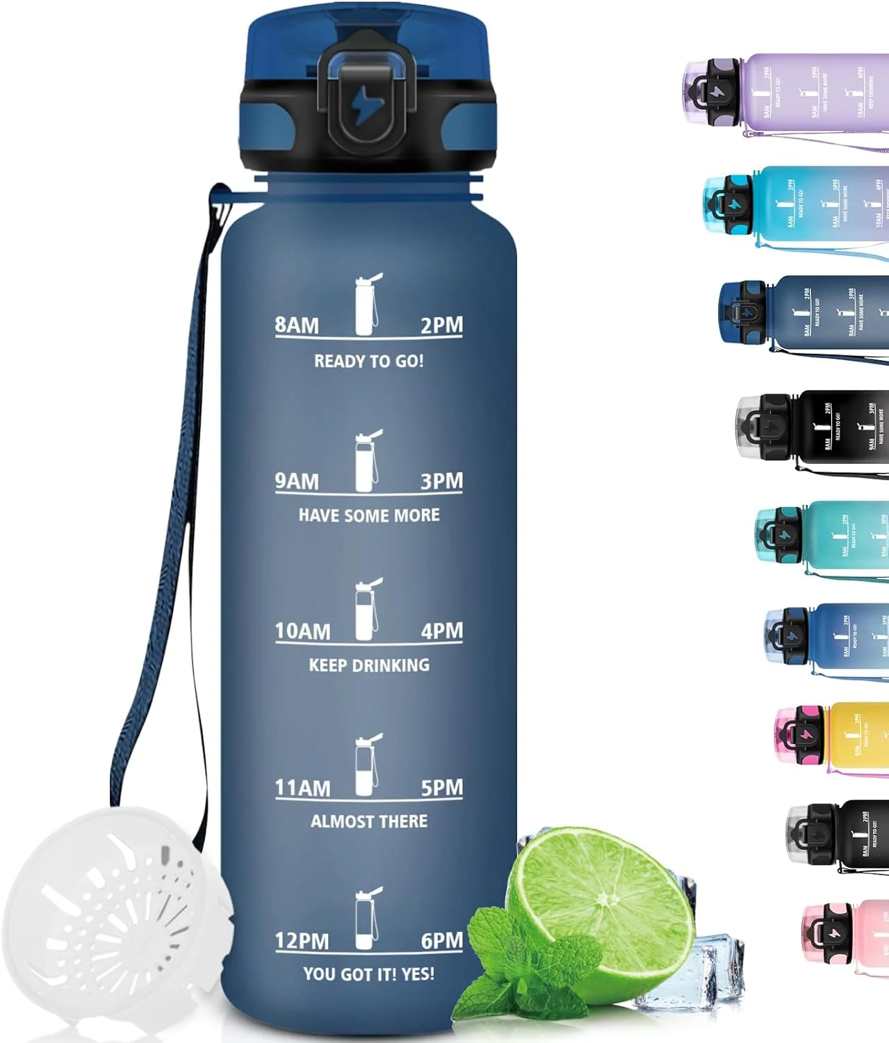 بطری آب گرستا، بطری آب 1 لیتری با فیلتر، بطری آب نشتی‌ناپذیر برای دوچرخه‌سواری، بطری کوهنوردی، حمل آسان، بطری آب با نشانگر زمان نوشیدن، مناسب برای ورزش، باشگاه، کوهنوردی، سرمه‌ای