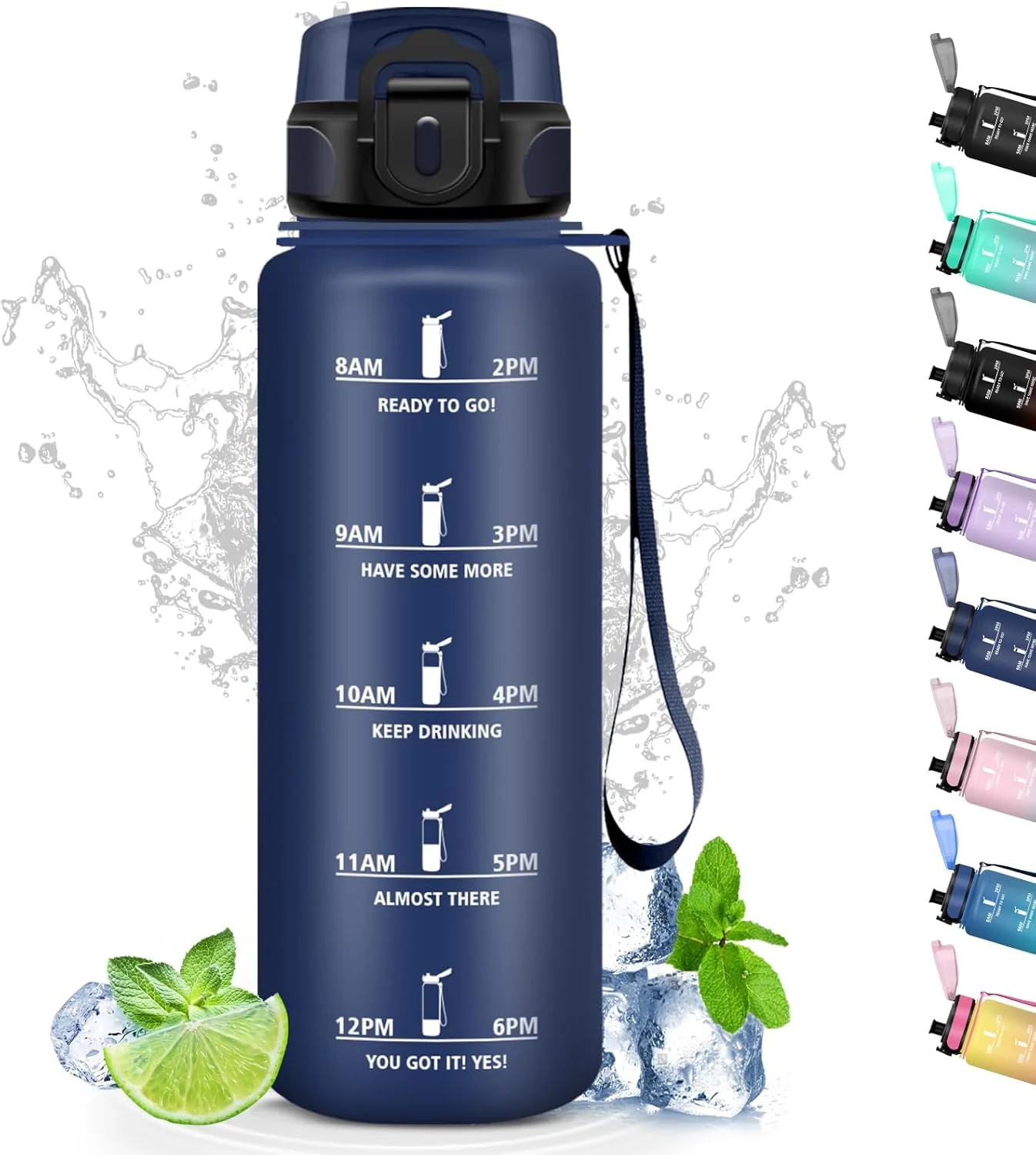 بطری آب گرستا، ۱.۵ لیتر، بطری آب ورزشی با فیلتر، بطری آب با شعار انگیزشی، بطری آب با نشانگر زمان برای تناسب اندام، کمپینگ، فضای باز، پیاده روی، دویدن، یوگا، آبی تیره