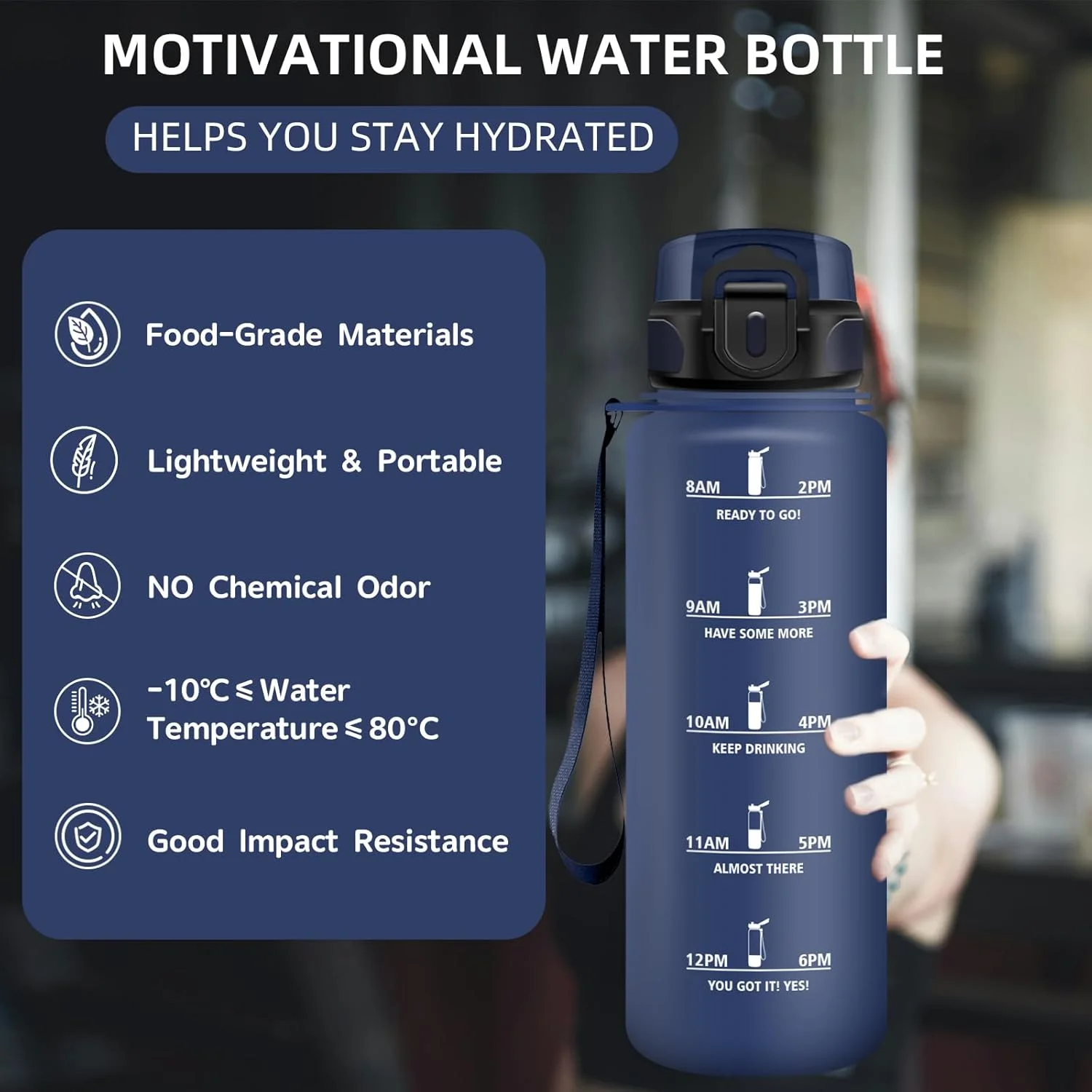 بطری آب گرستا، ۱.۵ لیتر، بطری آب ورزشی با فیلتر، بطری آب با شعار انگیزشی، بطری آب با نشانگر زمان برای تناسب اندام، کمپینگ، فضای باز، پیاده روی، دویدن، یوگا، آبی تیره